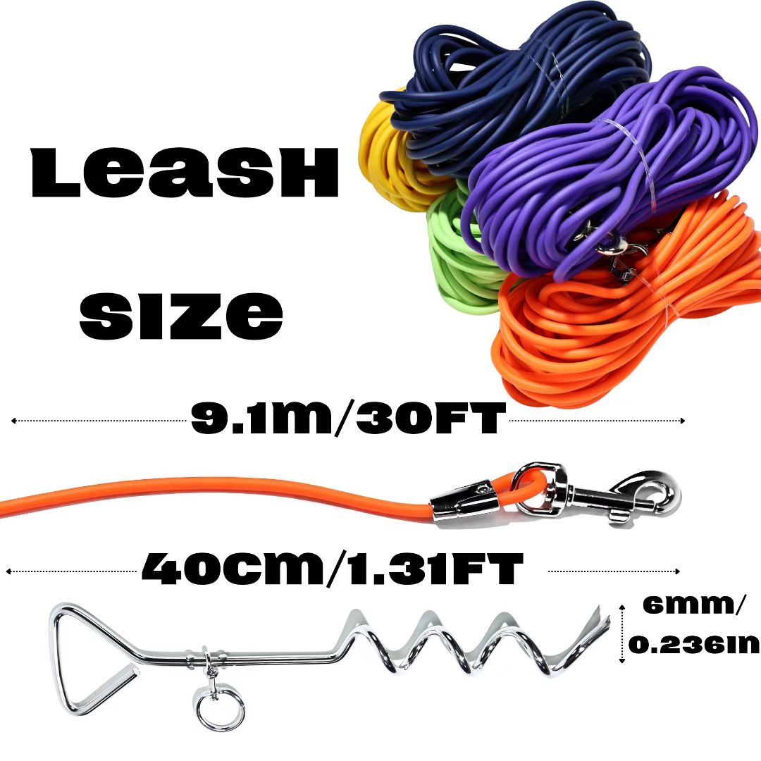 Ground Stake Fixed Dog Leash with 30ft Range for Outdoor Walking and Training