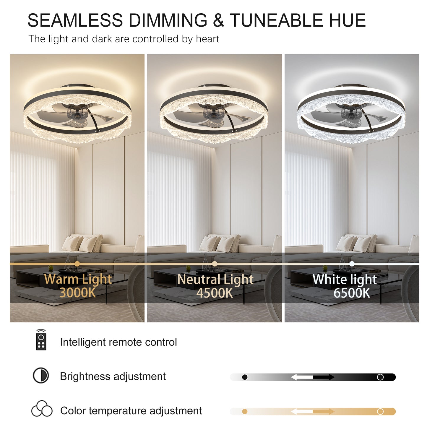 Smart Silent Ceiling Fan with Crystal LED Light - Flush Mount