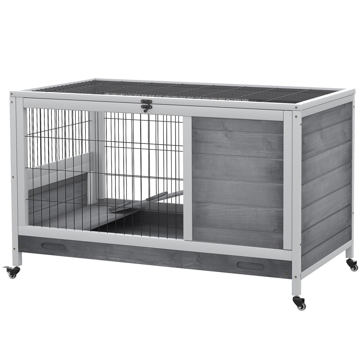 Indoor Small Animal Cage with Enclosed Run and Wheels - Wooden Rabbit & Guinea Pig Habitat