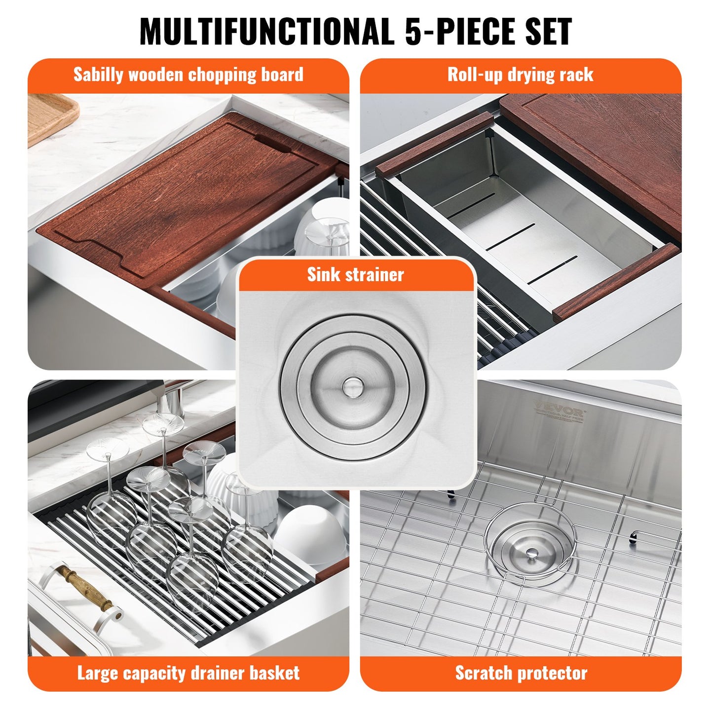 36-Inch Farmhouse Kitchen Sink - 304 Stainless Steel Drop-In Single Bowl with Accessories