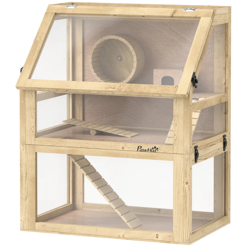 3 Tier Wooden Hamster Cage with Detachable Bottom, Hut, Seesaw, Ramps & Exercise Wheel