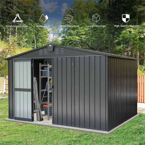 10x8 ft Metal Garden Storage Shed with Lockable Doors - Rustproof Outdoor Cabinet