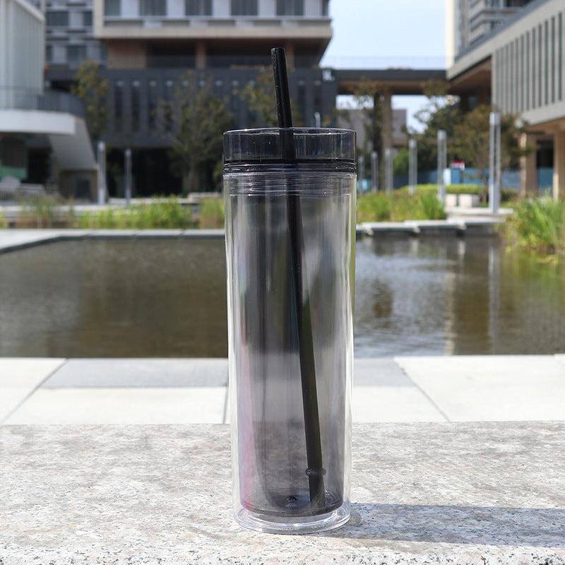 Large Capacity Double-Layer Drinkware Cup with Straw - Multiple Colors & 710ml