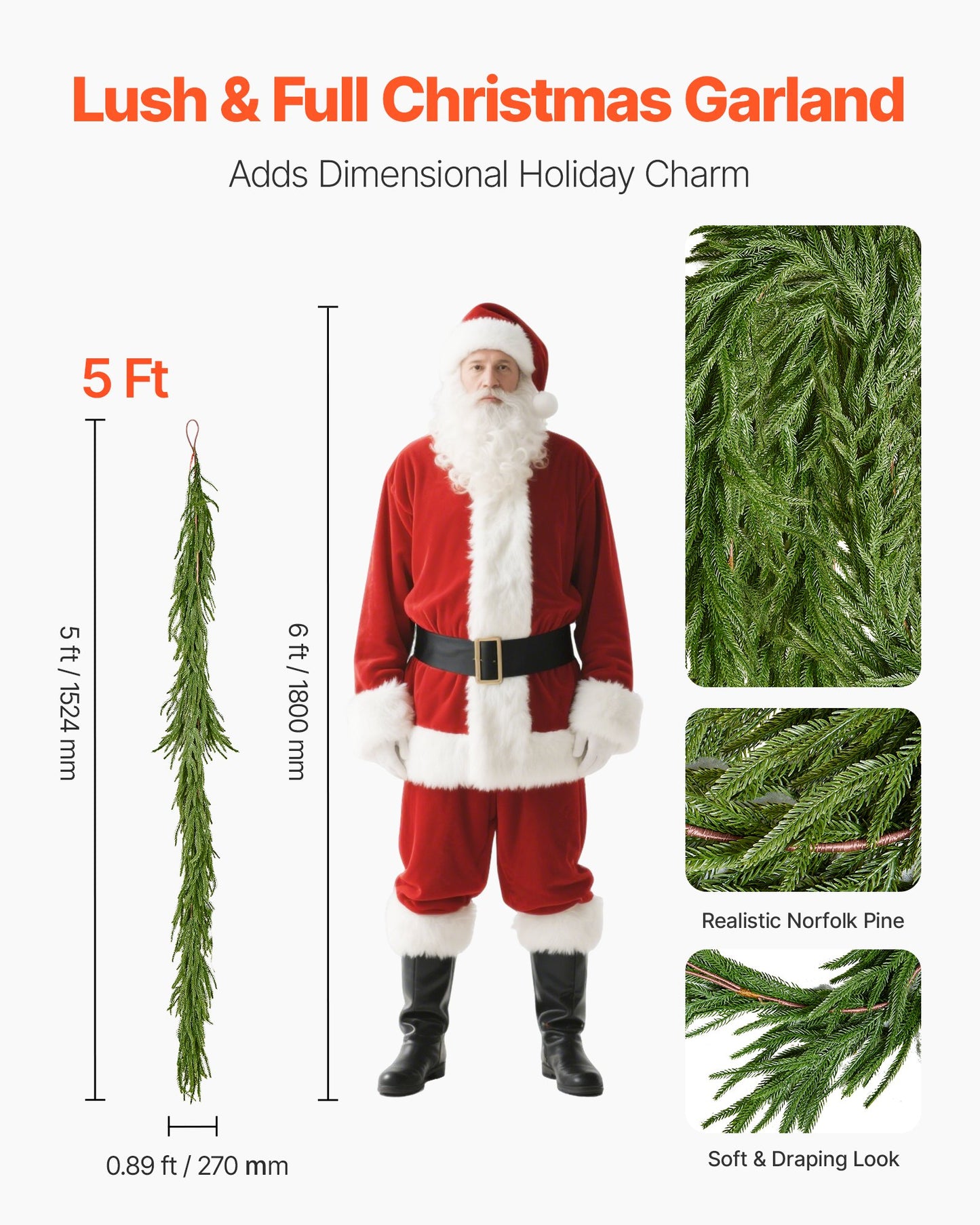 Artificial Norfolk Christmas Garland 5Ft Green Holiday Decor for Fireplace