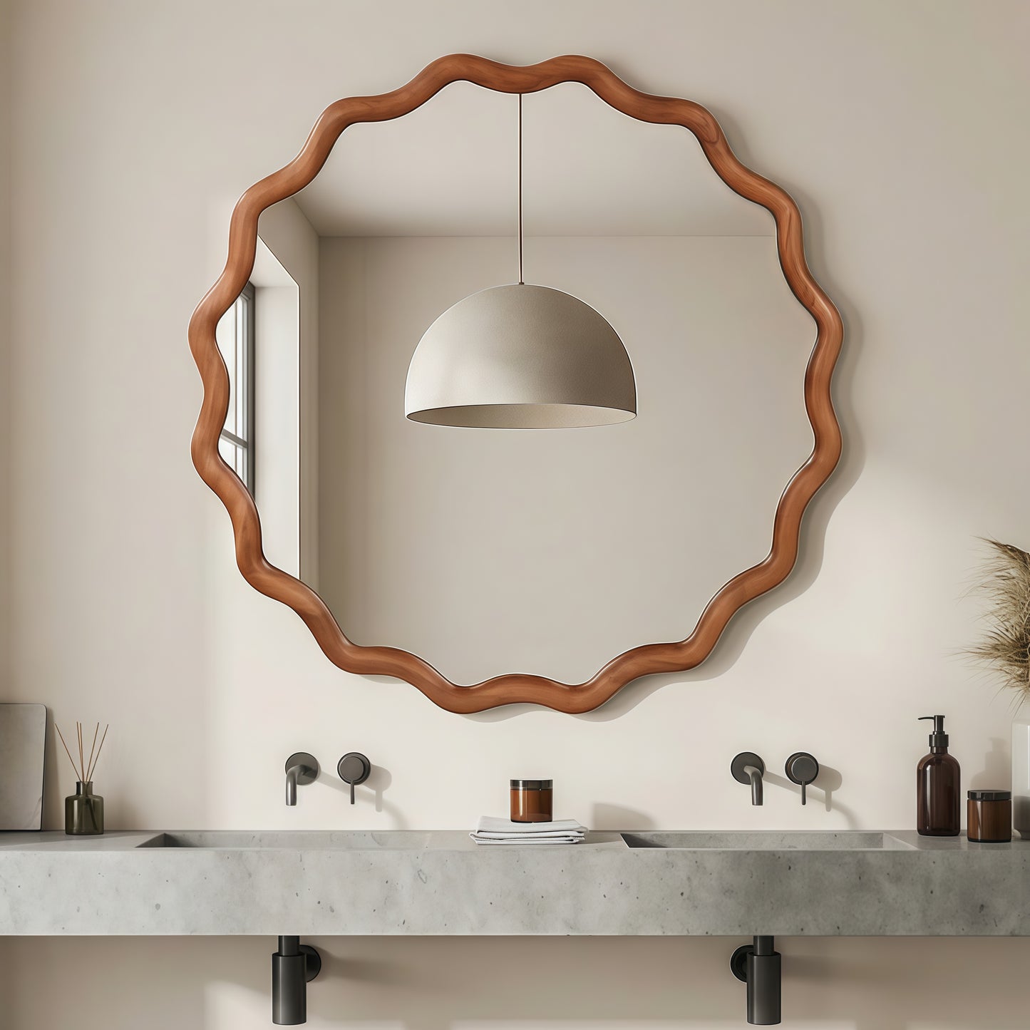 24-Inch Wavy Round Solid Wood Frame Decorative Mirror - Yellowish Brown