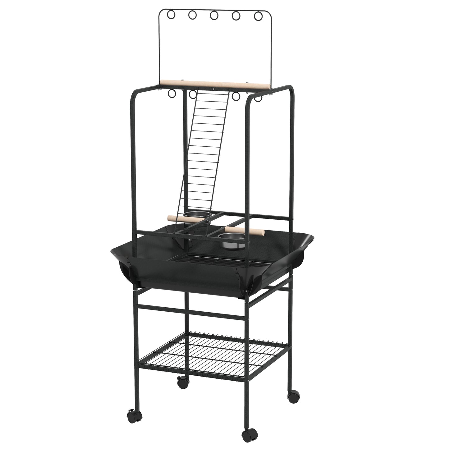 Indoor Outdoor Bird Stand with Wheels, Stainless Steel Feed Bowls & Perches - Gray