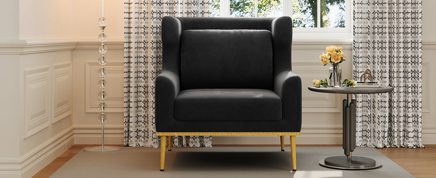 Black Velvet Accent Chair - Modern Armchair for Living Room