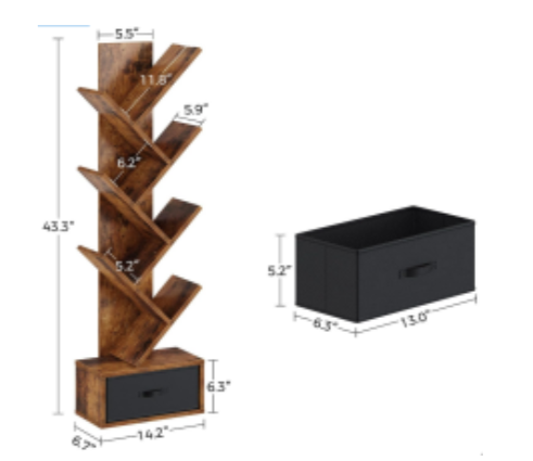 7-Layer Tree Bookshelf - Tall Wooden Bookcase for Small Spaces