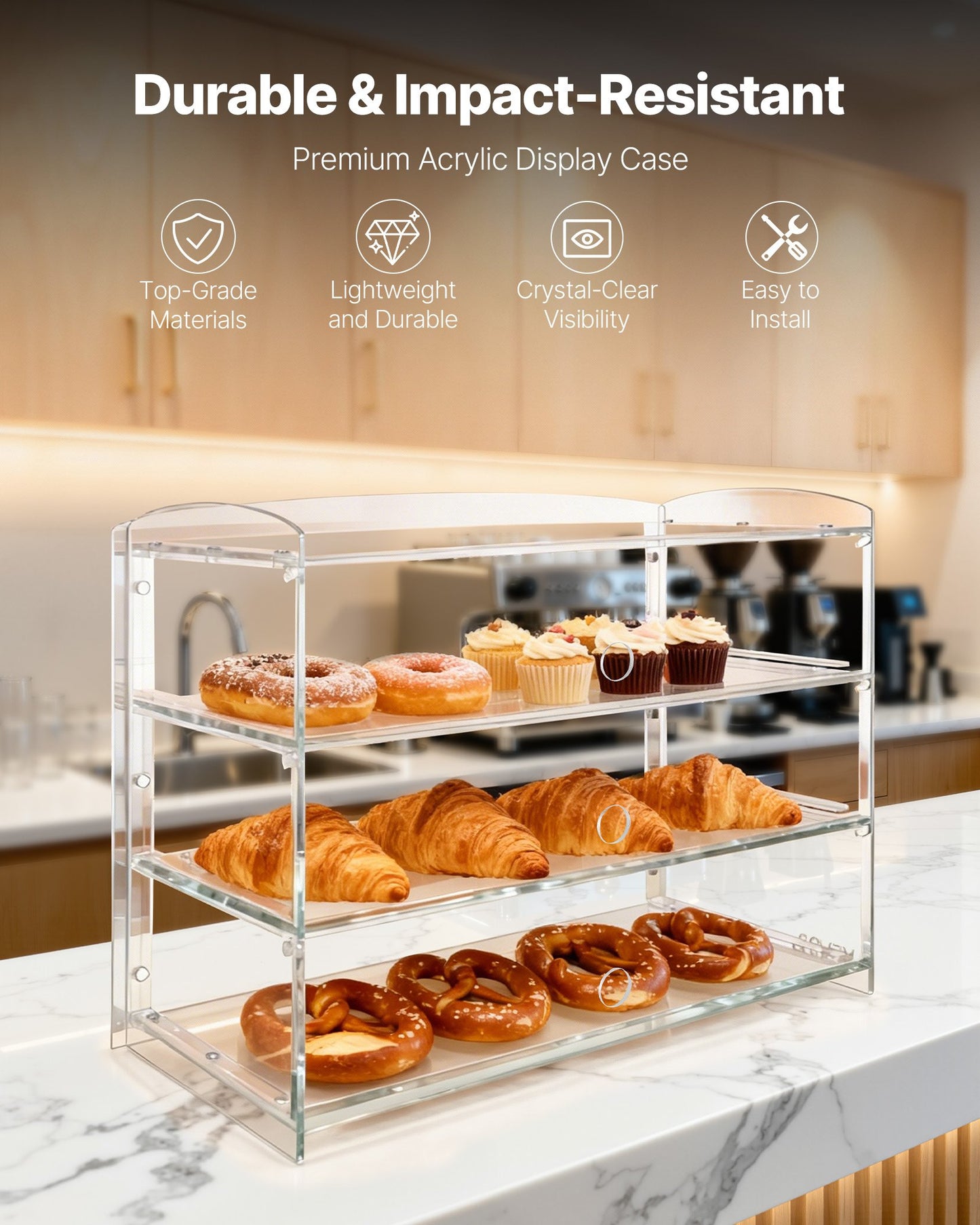 3-Tier Acrylic Bakery Display Case with Flip-Up Door for Pastries & Desserts - 19x9.1x15 Inches