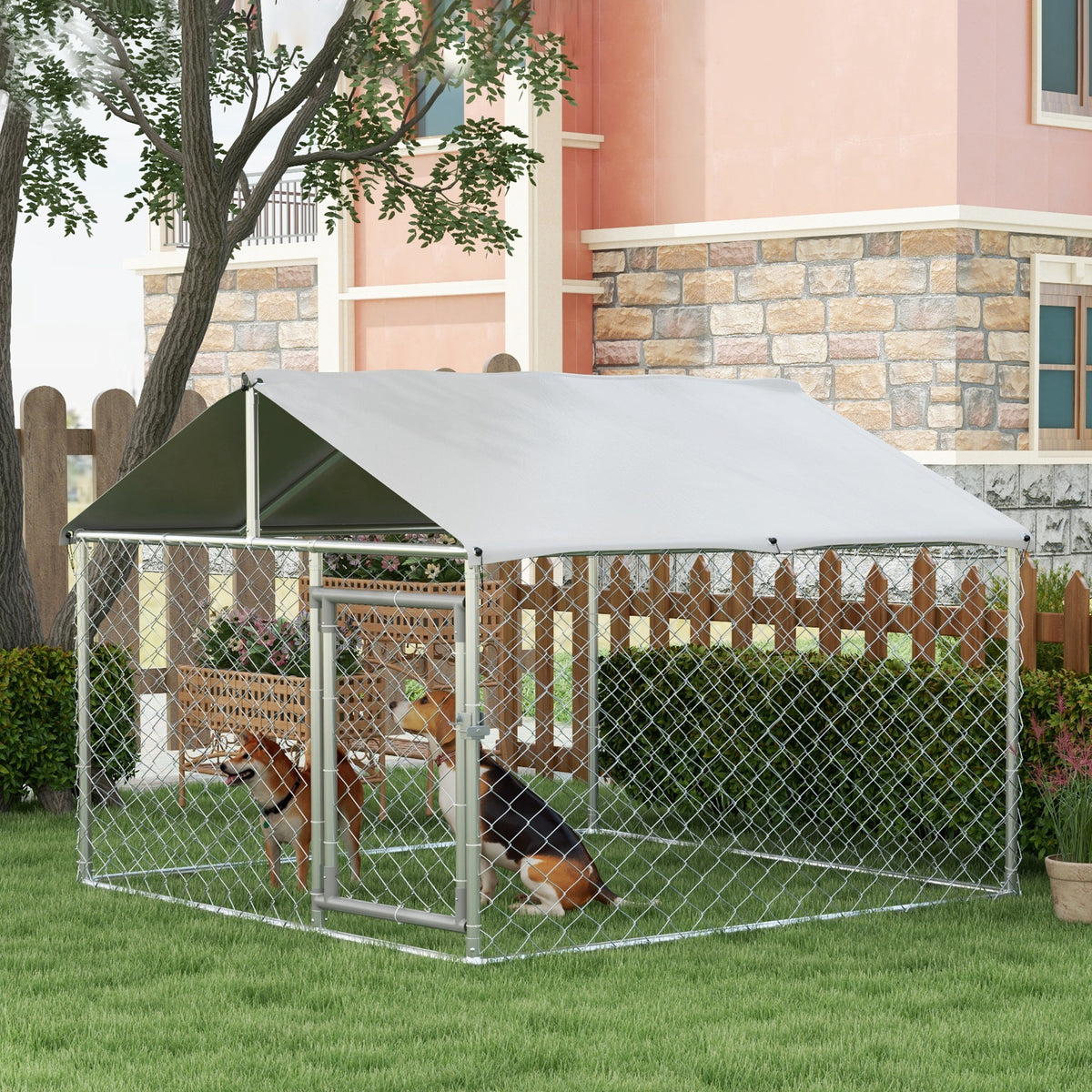 Outdoor Dog Kennel with Waterproof Roof for Small & Medium Dogs - Silver, 43 sq ft