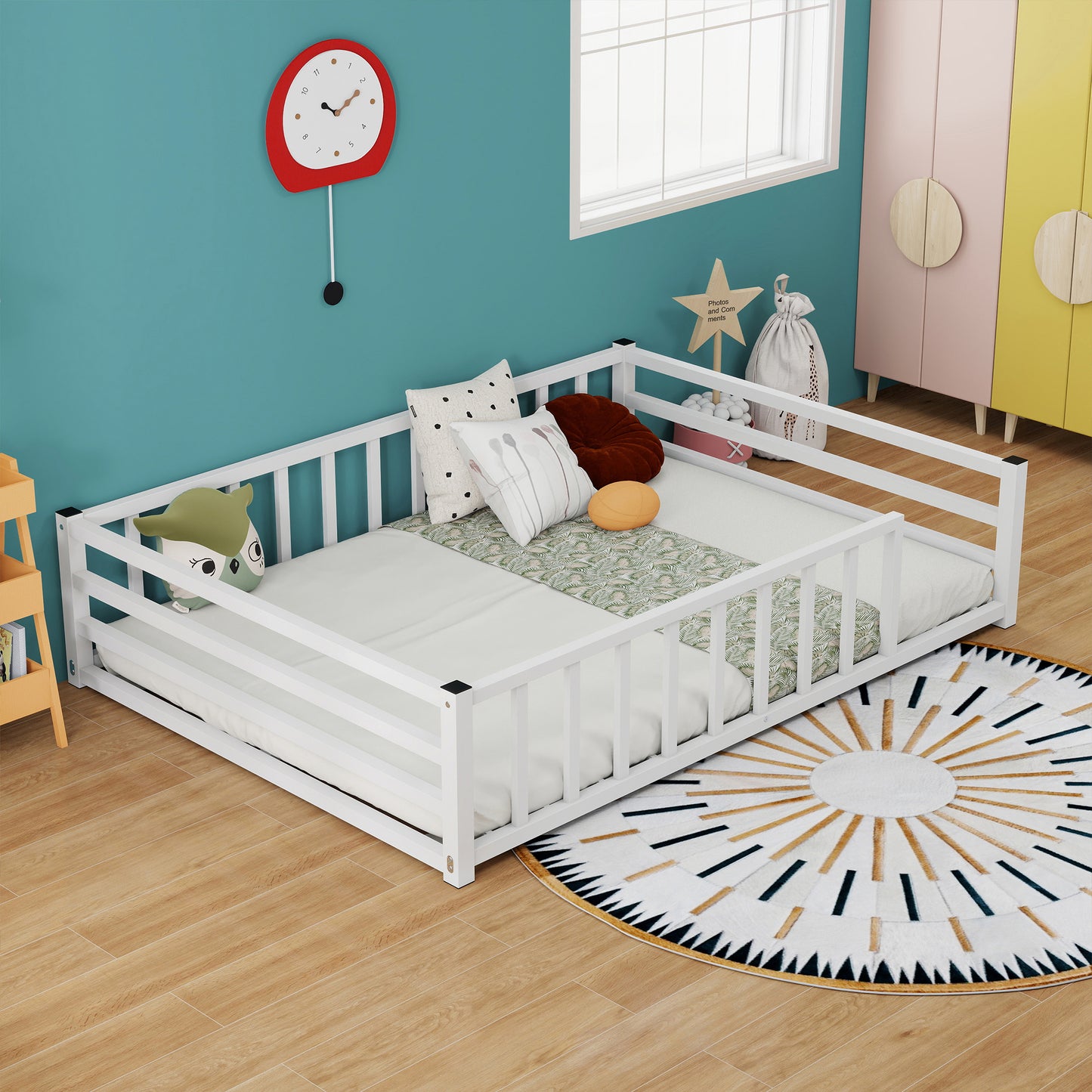 Full Size Low Profile Metal Bed Frame with Guardrails - White