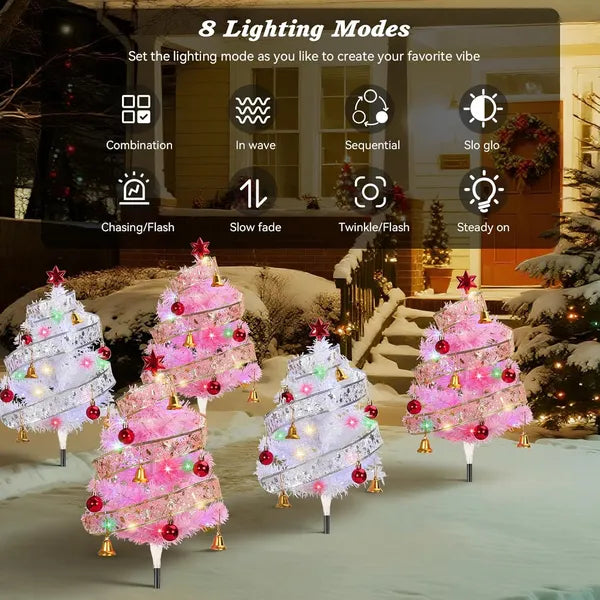 Prelit Pathway Christmas Trees Set of 4 - 33.86" Solar Xmas Decor