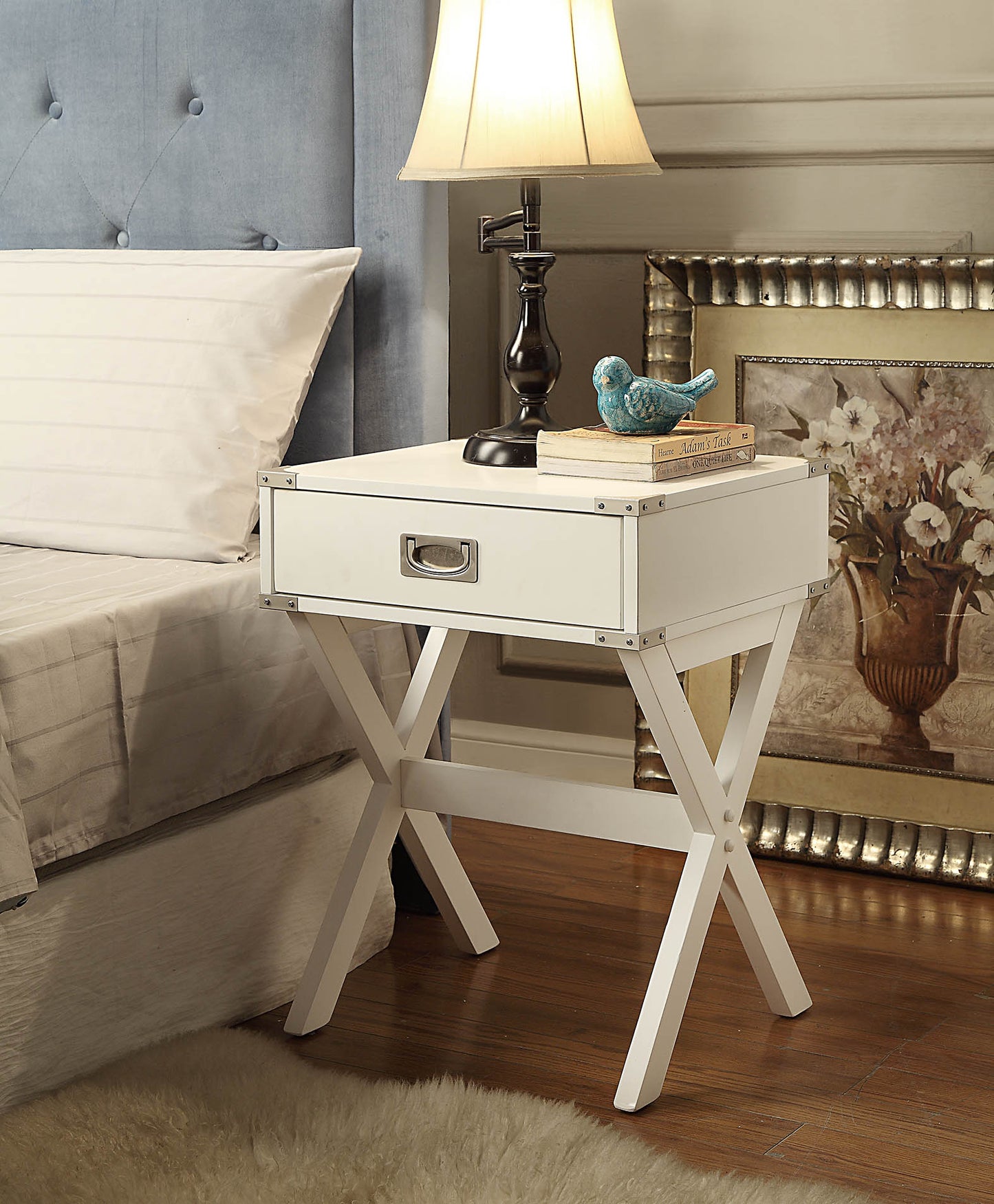 White Finish Accent Table with Drawer - Compact Square Design