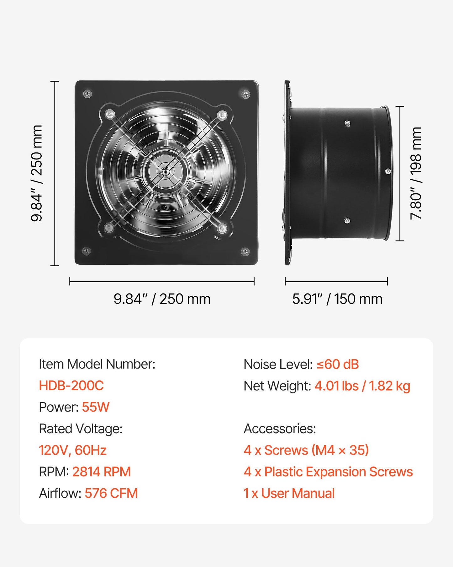 8-Inch Wall Mount Exhaust Fan 576 CFM Ventilation Fan for Attic Garage Kitchen Black