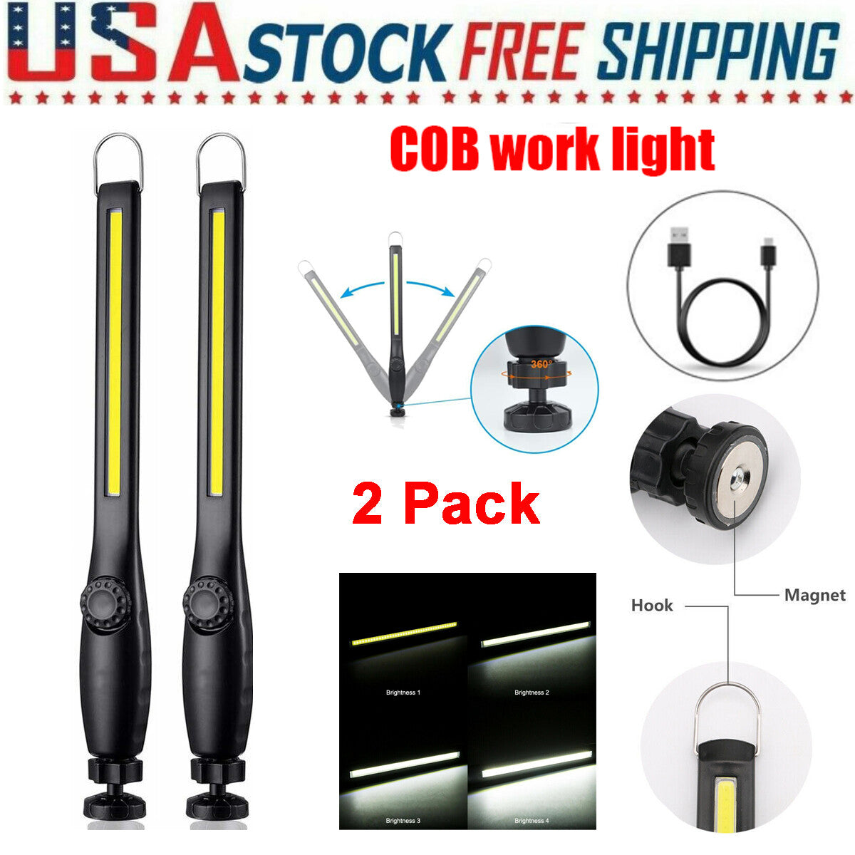 Rechargeable LED Work Light with Magnetic Base & Flexible Cordless Torch - 2 Pack