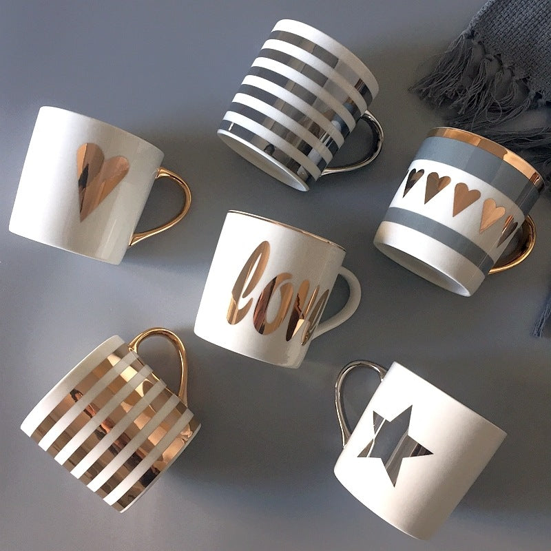 Luxury Coffee Mug with Lid and Spoon - Heart, LOVE, Star Style