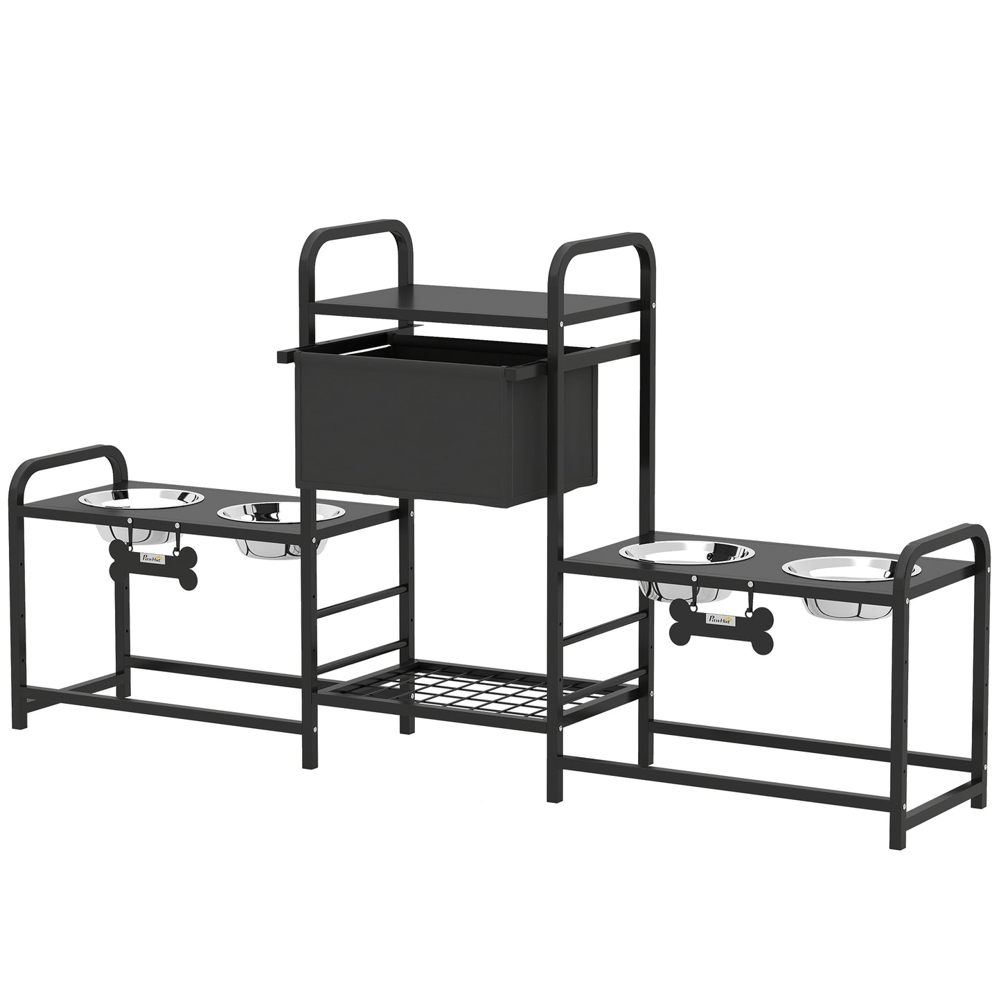 Height Adjustable Dog Bowl Stand with 4 Elevated Bowls and Toy Bin - Black