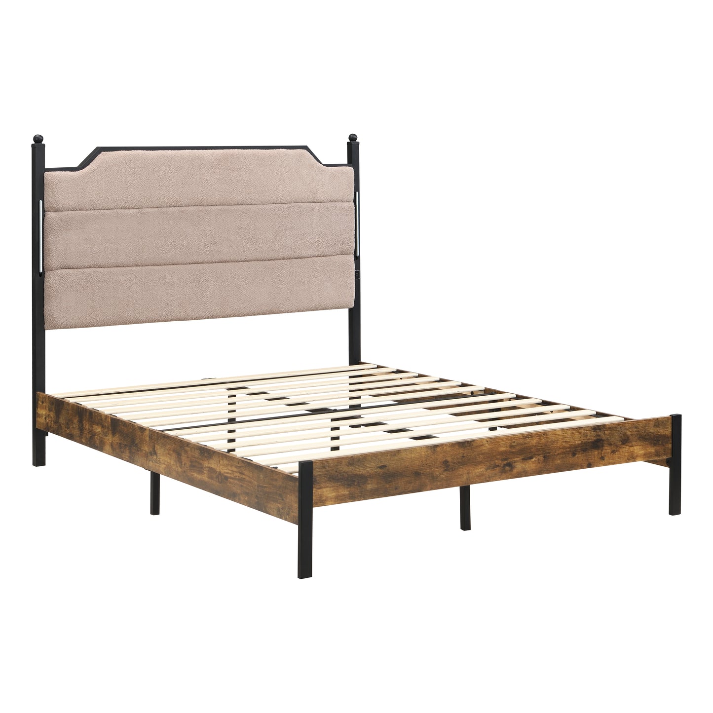 Queen Bed Frame with Upholstered Headboard & LED Lights - Light Pink