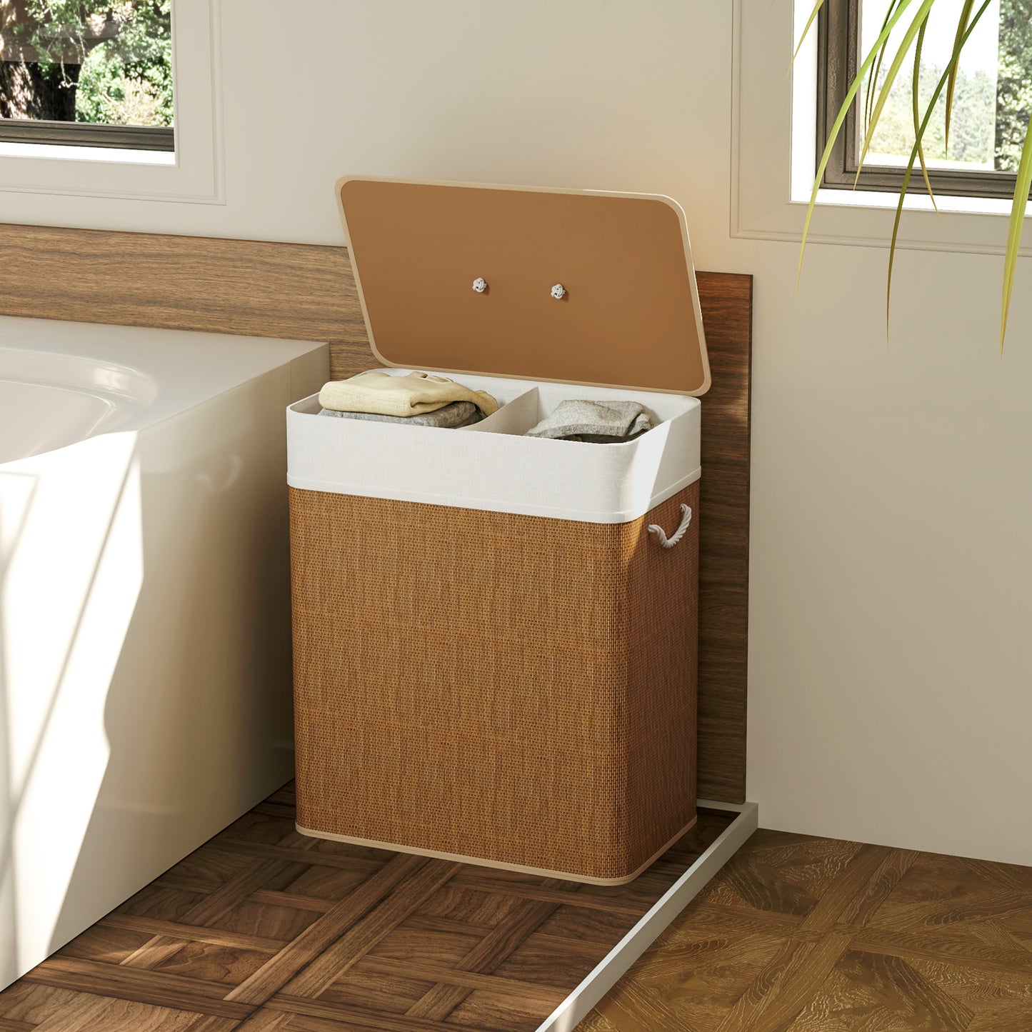 Double Laundry Basket With Lid, 26.4 Gallon Bamboo Hamper Rope