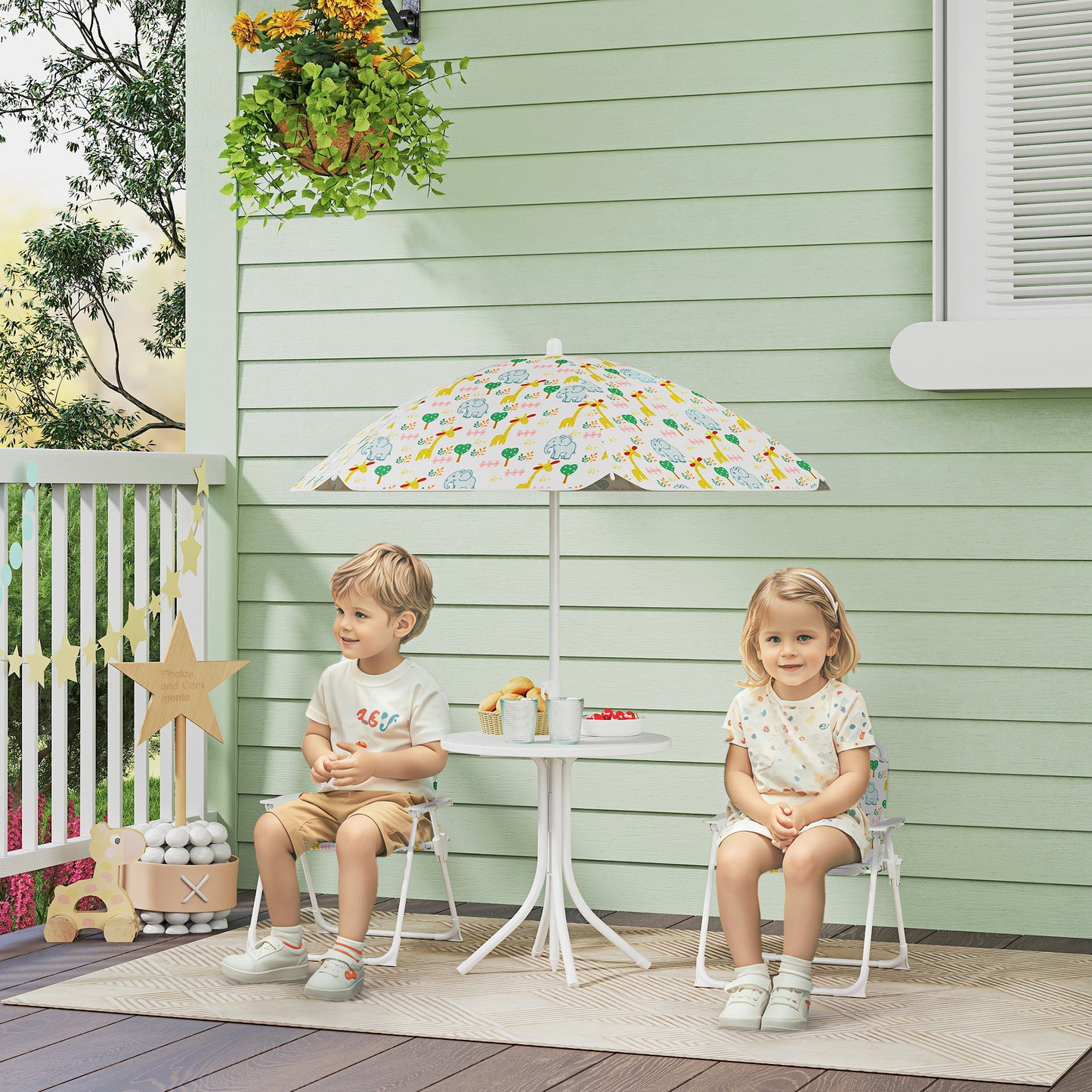 Kids Picnic Table and Chair Set with Removable Umbrella - White
