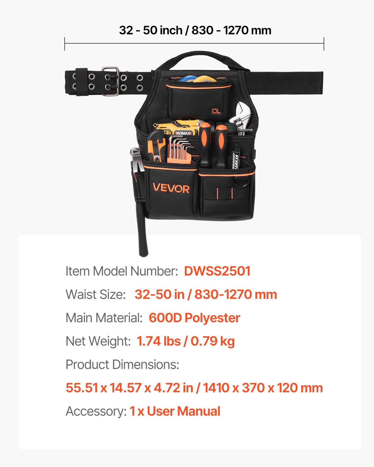 Heavy Duty Tool Belt with 14 Pockets, Adjustable Waist for Construction & Electricians
