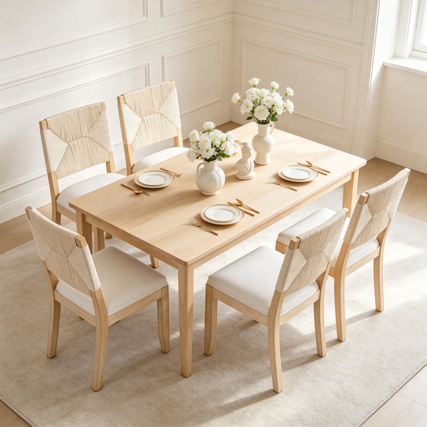 Beige Farmhouse Dining Chairs Set of 2 - Woven Back & Upholstered Seat