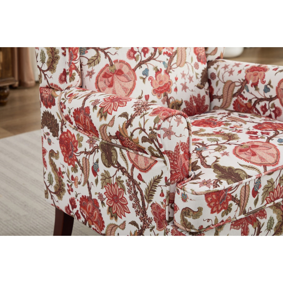Floral Accent Chair with Retro Wood Legs - Bean Paste Red