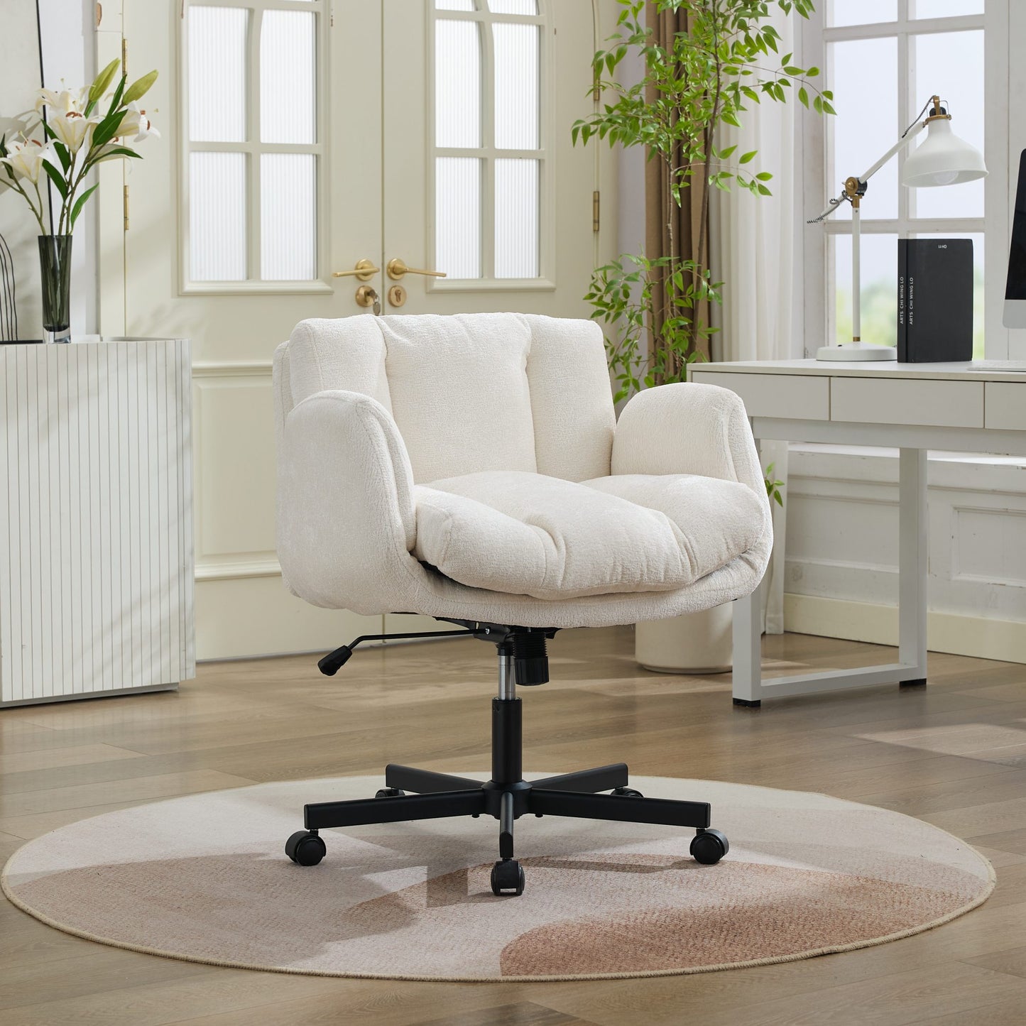 Chenille Swivel Office Chair - Height Adjustable with Armrests - Beige