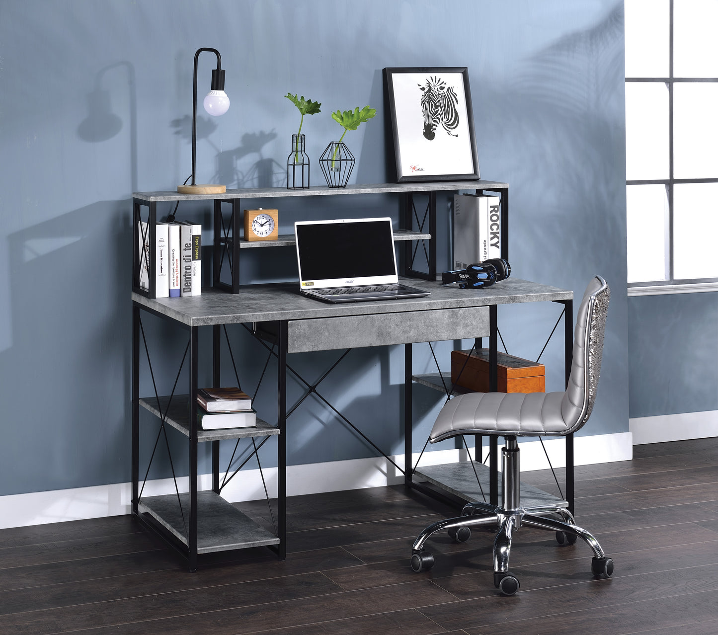Gray Finish Writing Desk with Storage & Metal Frame