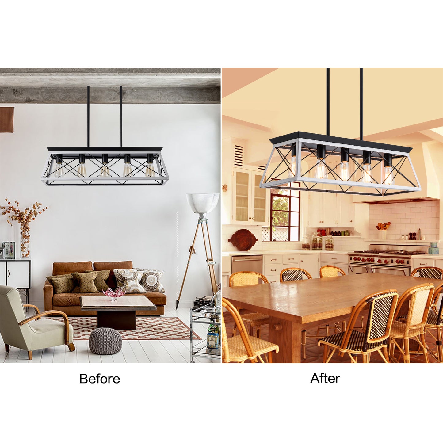 32-Inch Black & White Industrial 5-Light Pendant Chandelier - Adjustable Hanging Light