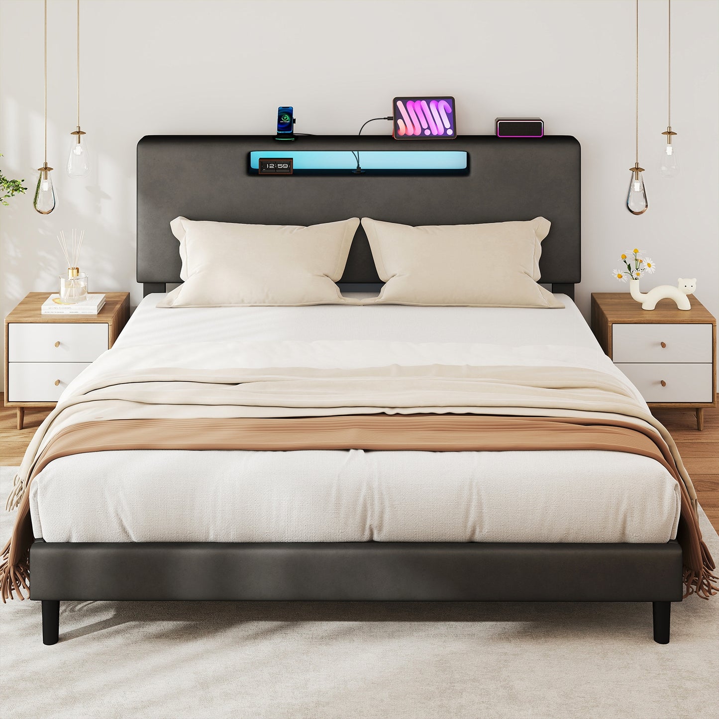 King Size Bed Frame With Charging Station And Adjustable LED Light
