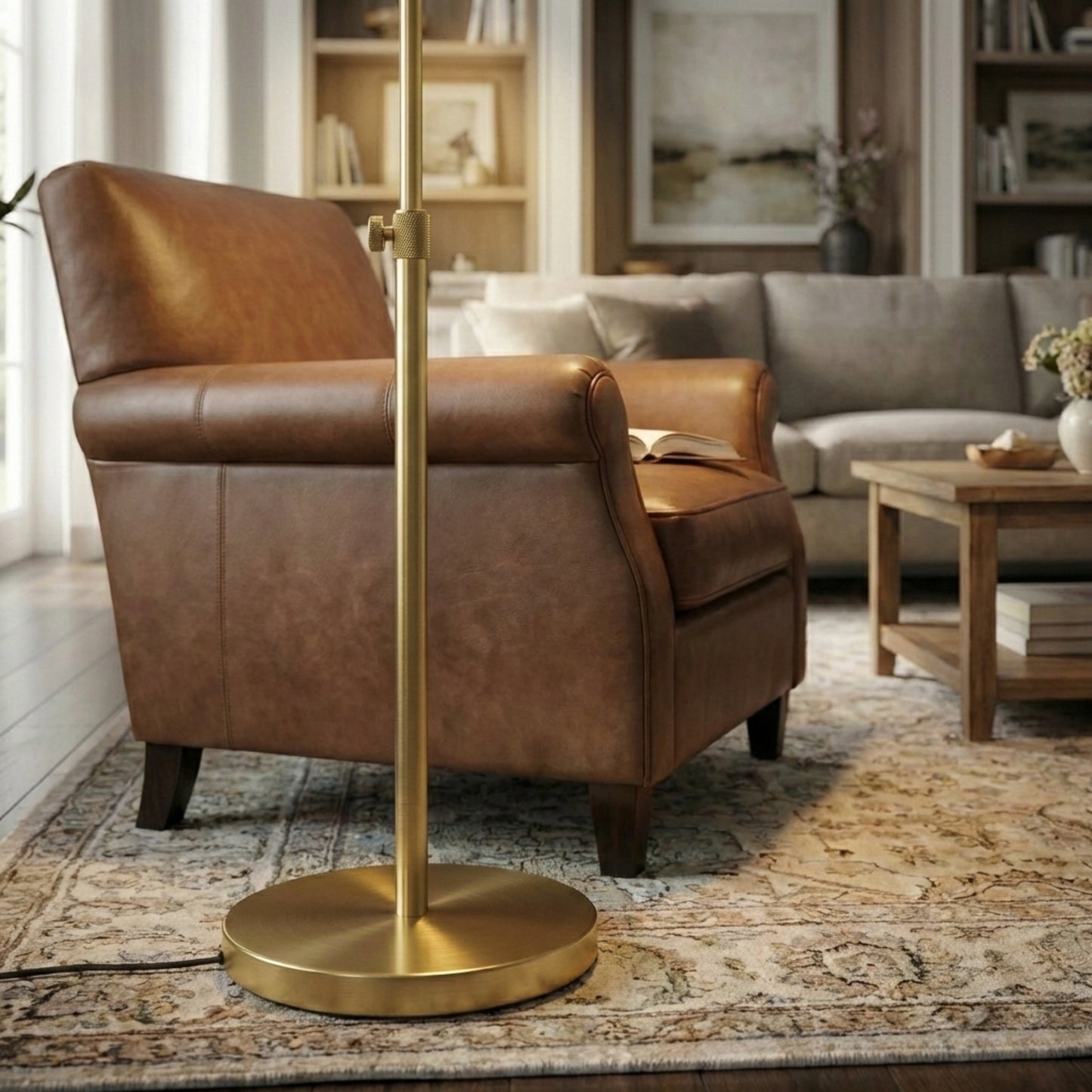 Verve Brassed Gold Floor Lamp With On Off Adjustable Led Round Base