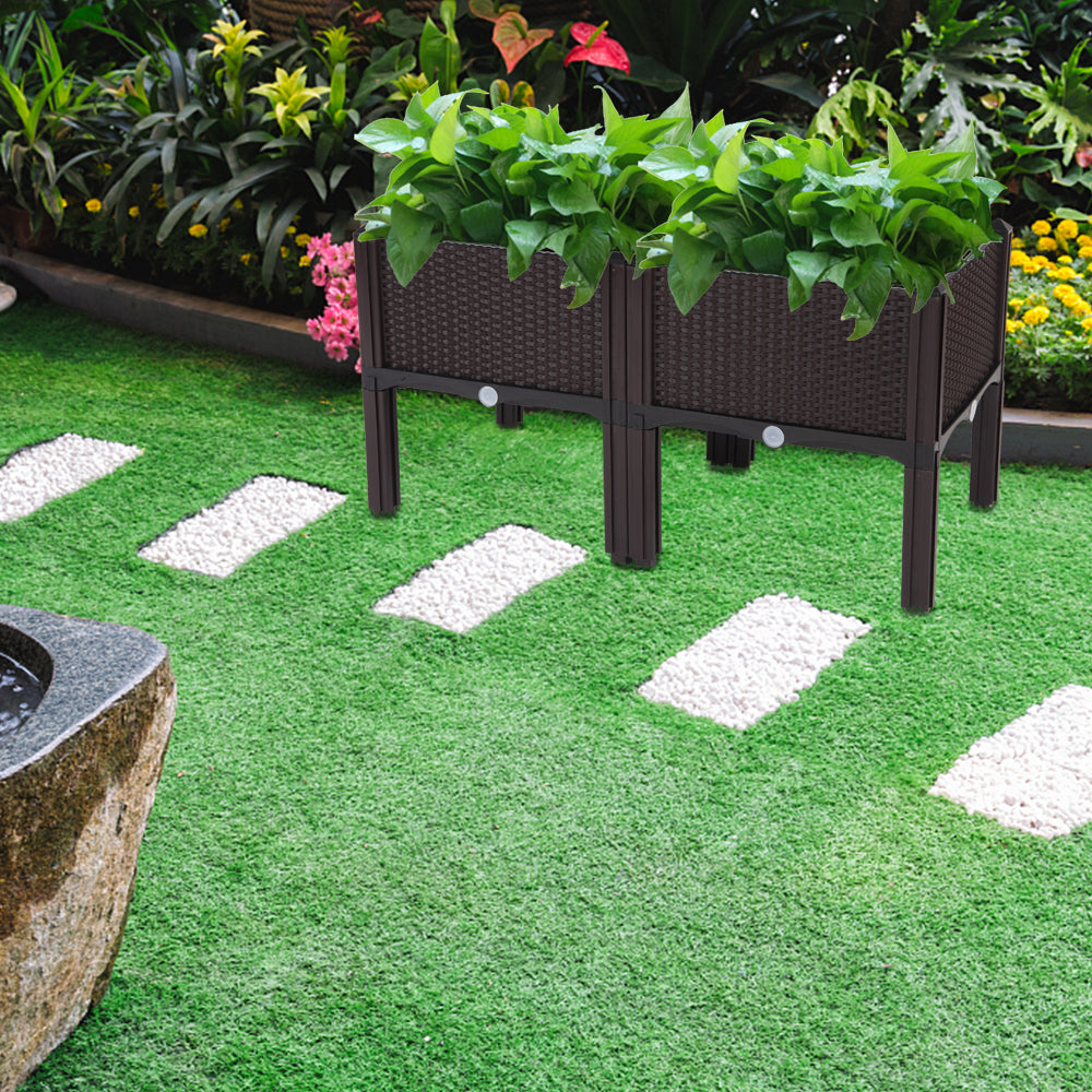 2PCS Brown Injection Molded Planting Box Garden Planter with Rattan Pattern