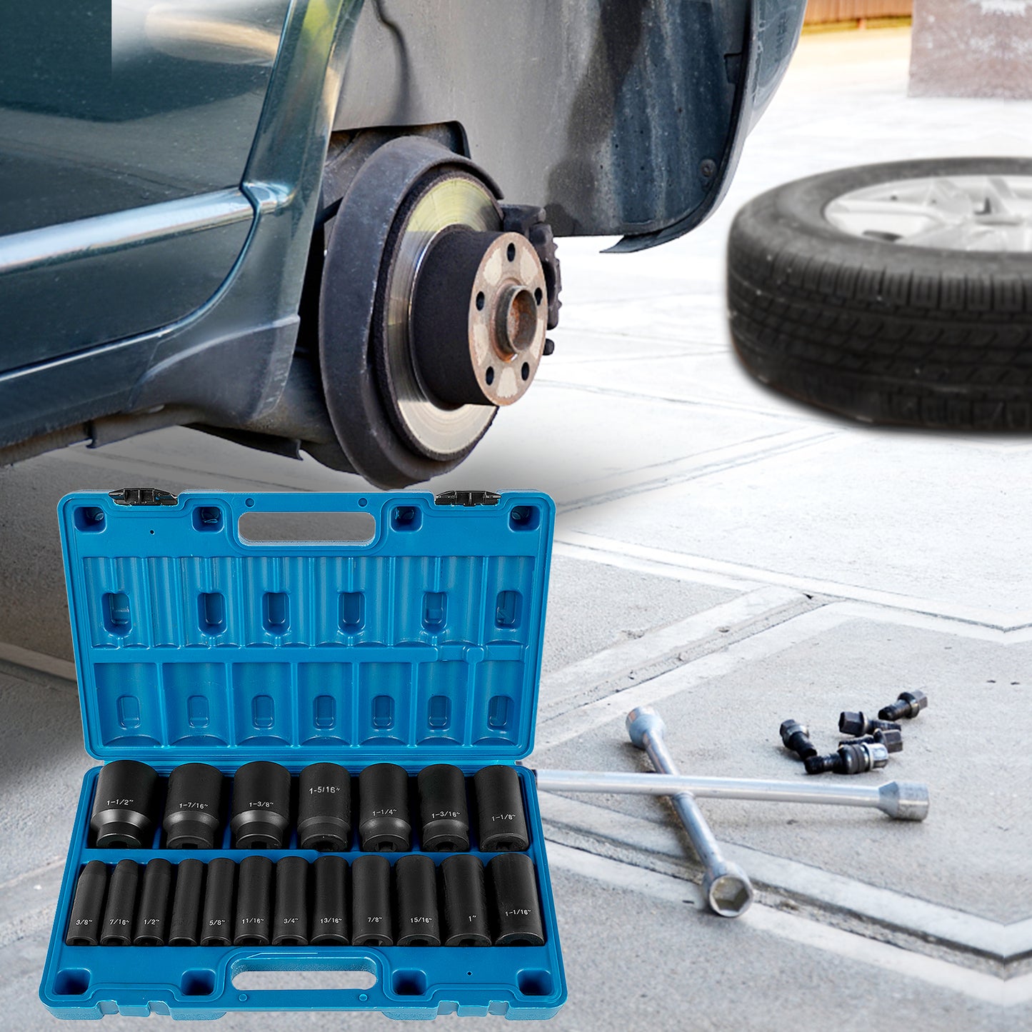 19-Piece Impact Socket Set Deep & 6-Point Sockets with Storage Cage