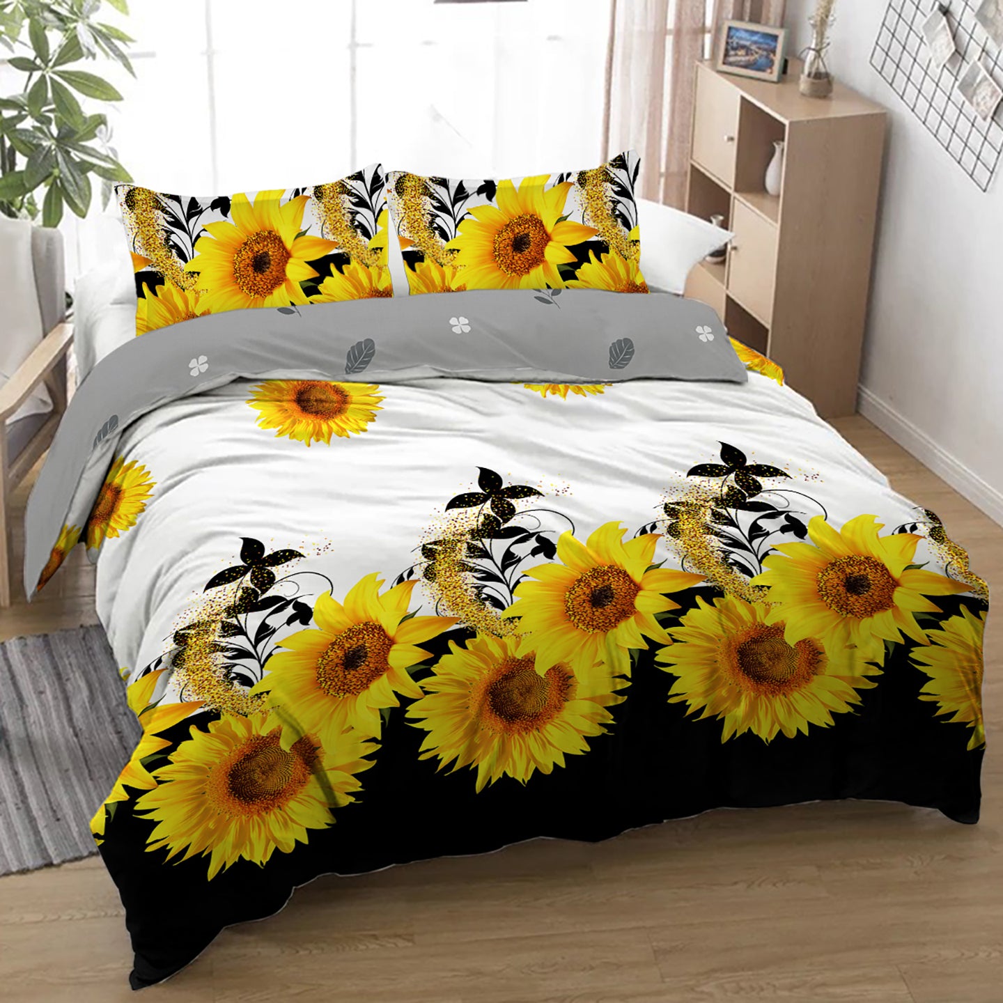 Sunflower Duvet Cover Set - 3 Pieces Black & White Bedding