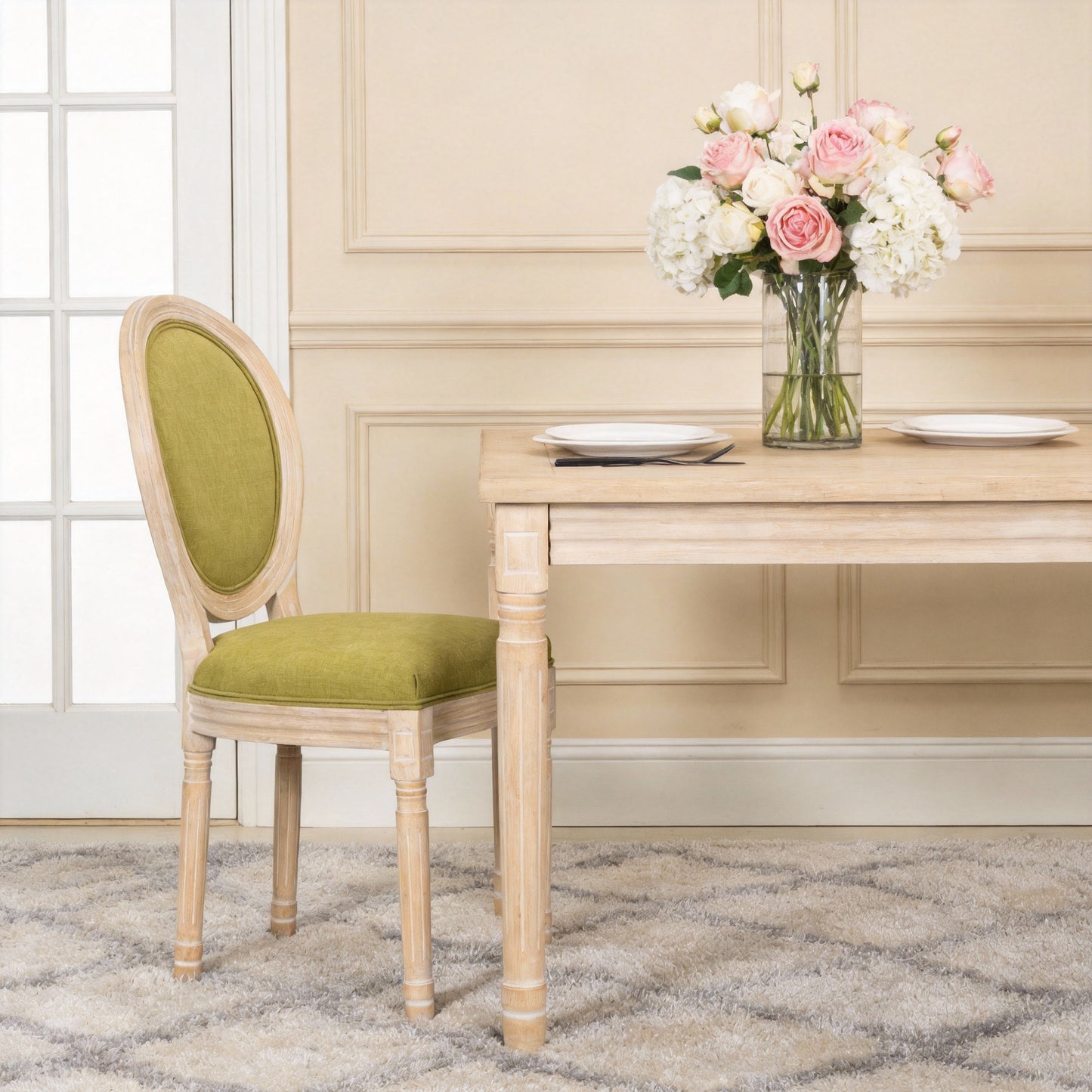French Country Dining Chairs Set of 2 - Upholstered Green