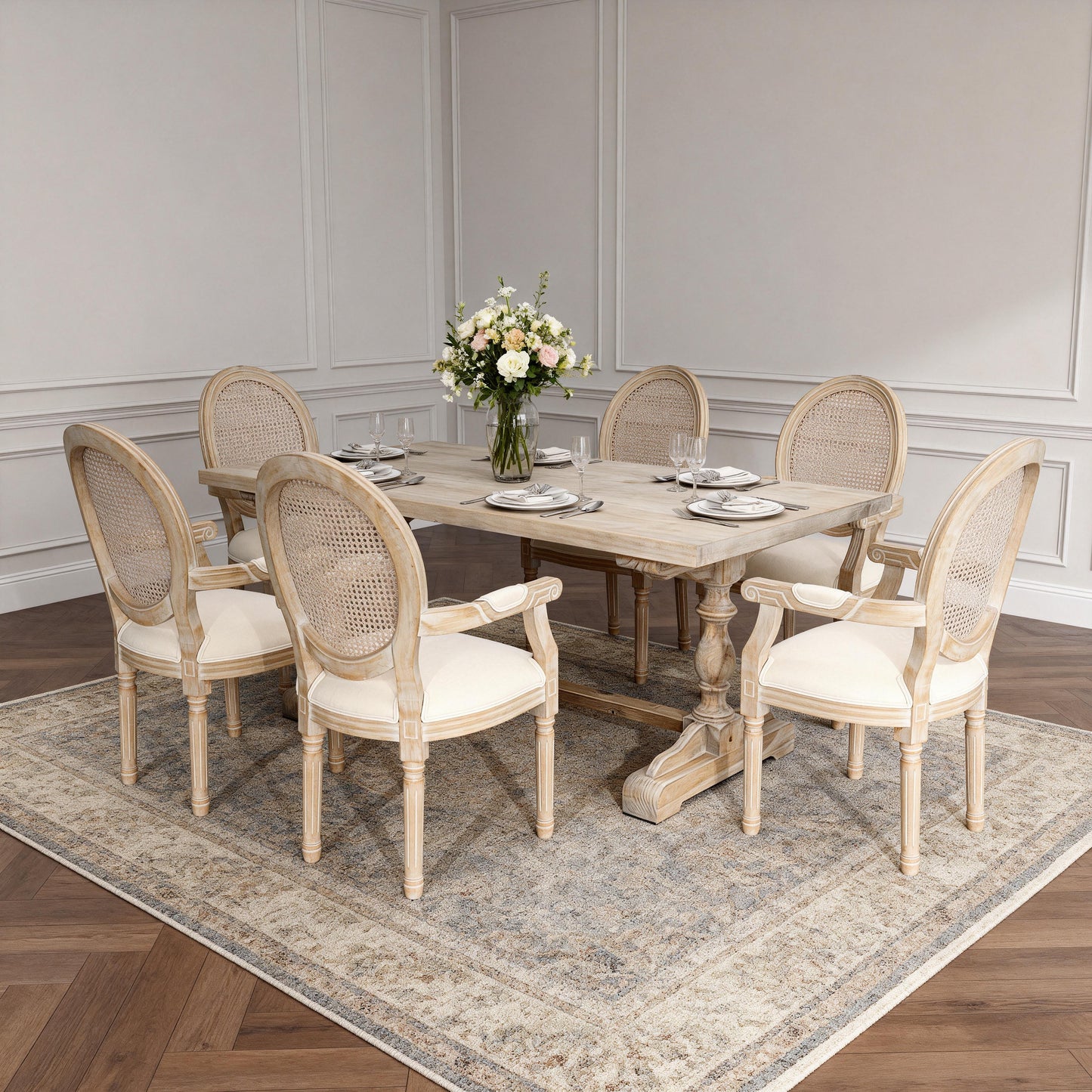 French Country Dining Armchair Set of 2 - Beige Upholstered Chairs