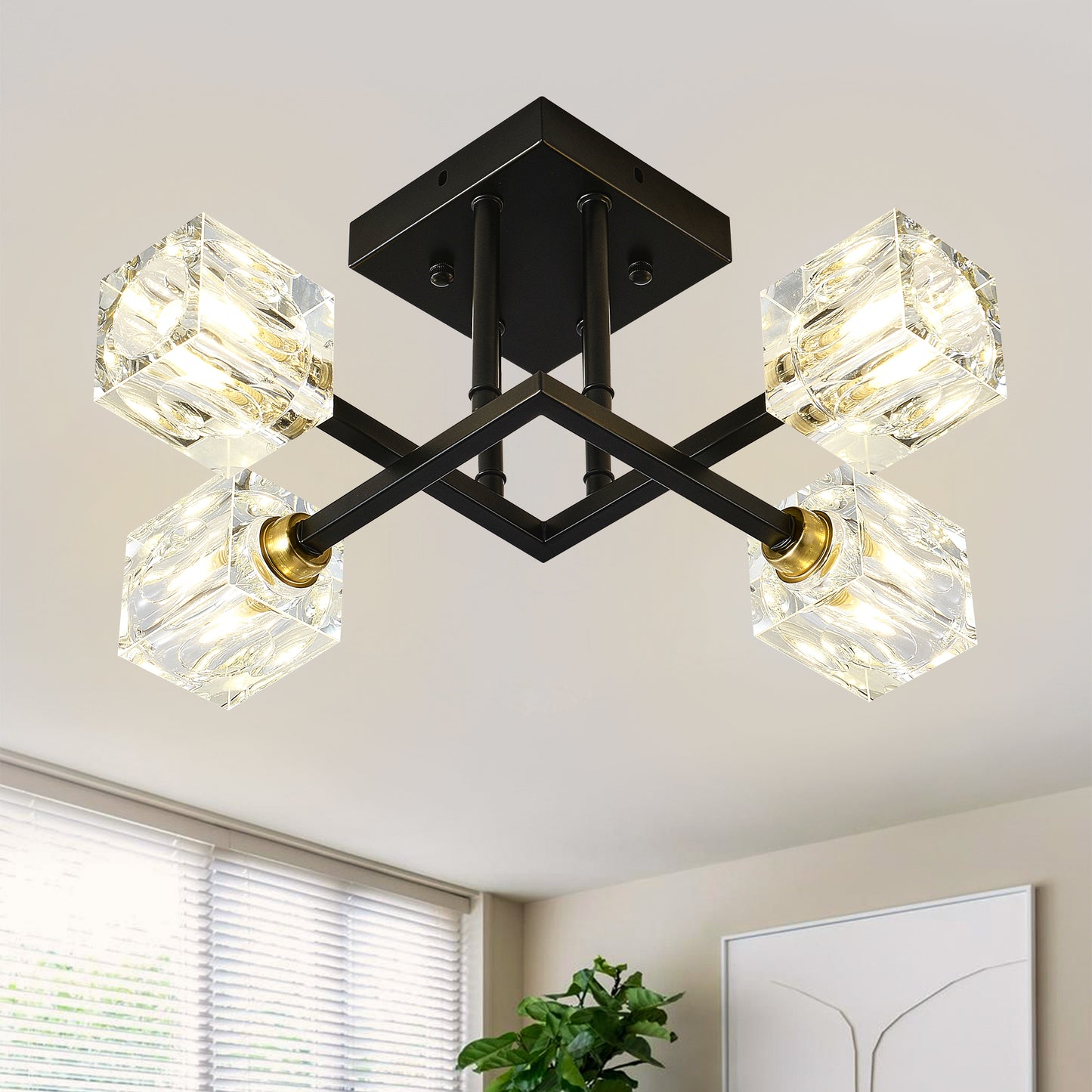 Modern Crystal Ceiling Light - 4 Lights, Matte Black, D16.99in H15.35in