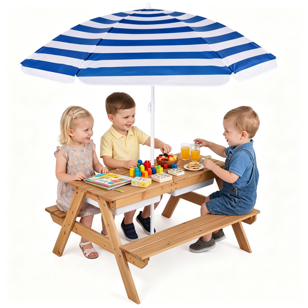 Kids 3-in-1 Picnic Table with Adjustable Umbrella & Storage Boxes - Outdoor Sand & Water Play Set