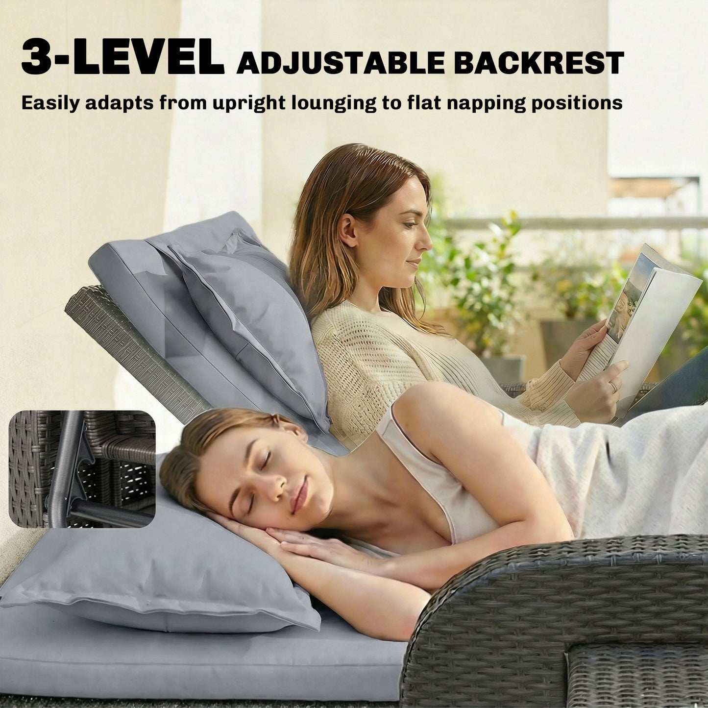 Outdoor Daybed with Storage Ottoman, Adjustable Loveseat - Gray