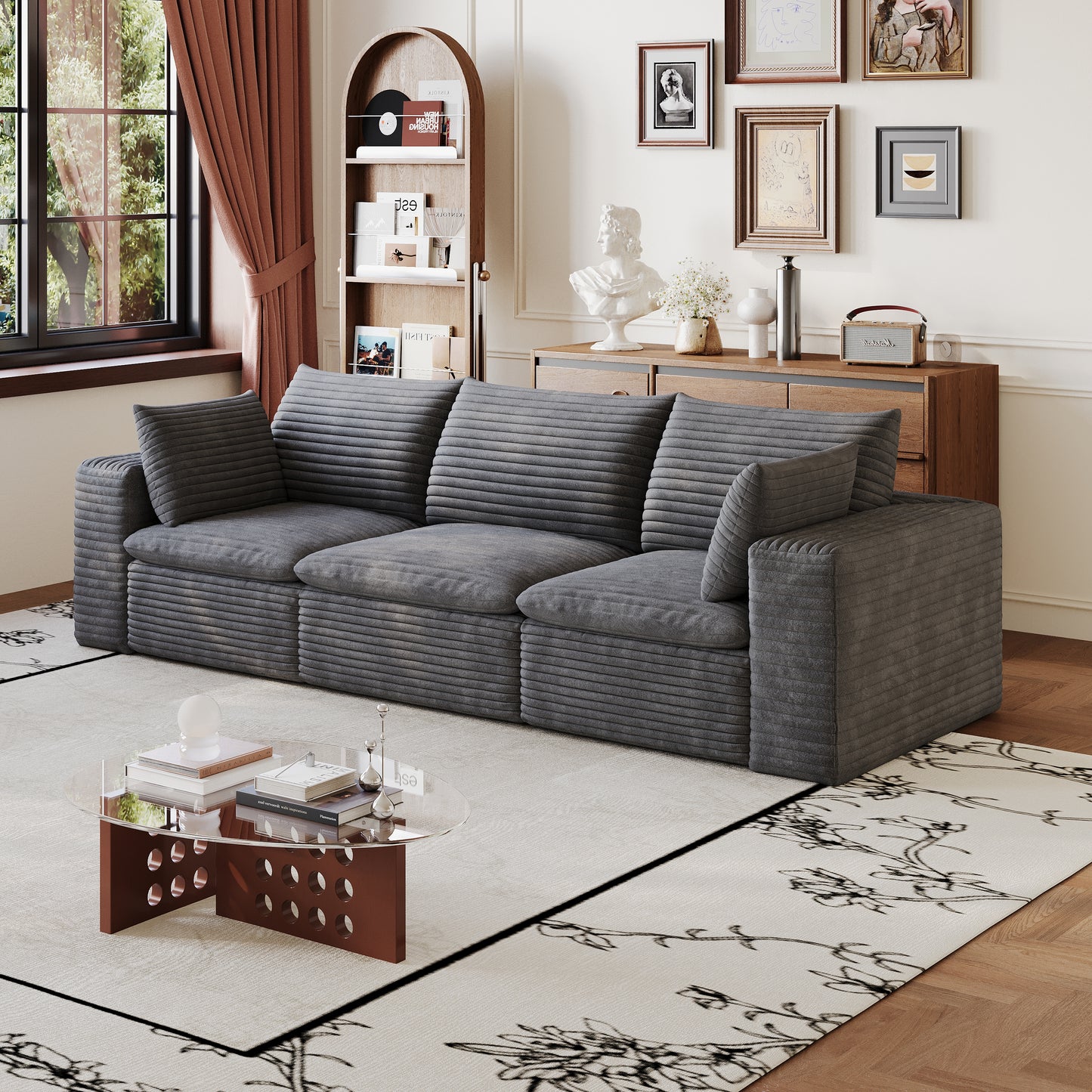 102" Cloud Sofa - Corduroy Fabric, Deep Seat, Removable Cushion, Dark Grey
