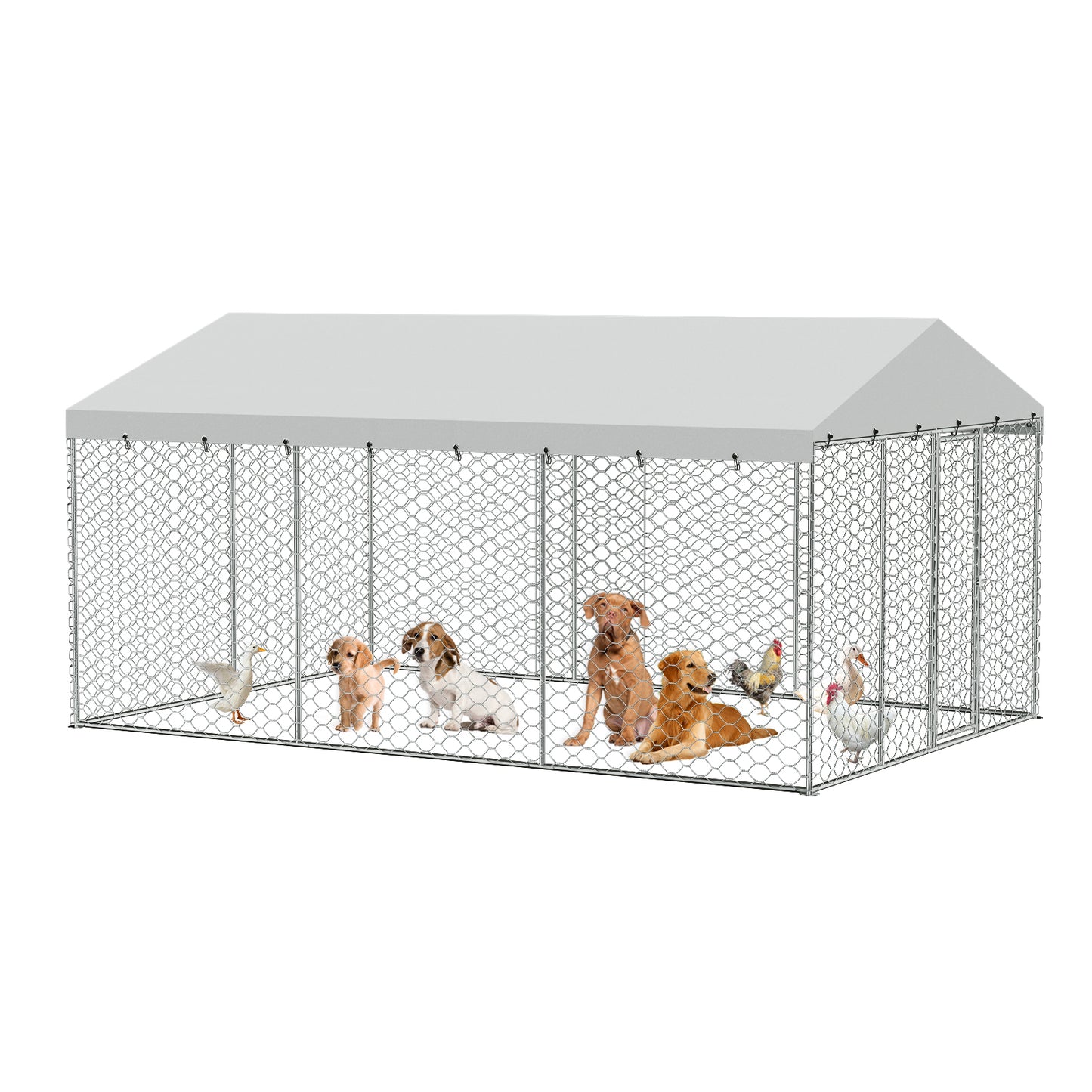 Large Outdoor Dog Kennel with Canopy - Heavy Duty Galvanized Steel Frame, Waterproof Cover, Escape-Proof Locking Pet Pen for Large Dogs