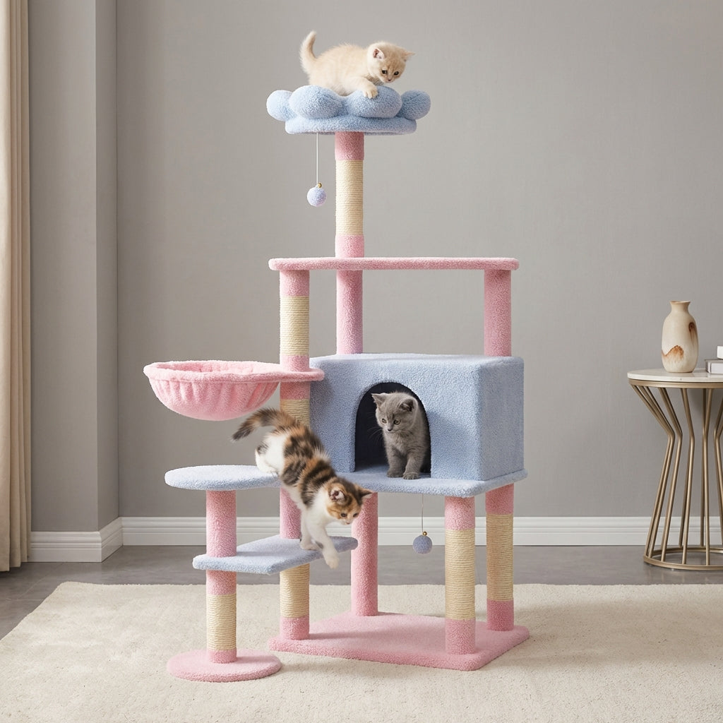Flower Cat Tree with Large Condo, Removable Flower Cushion & Hammock - Blue