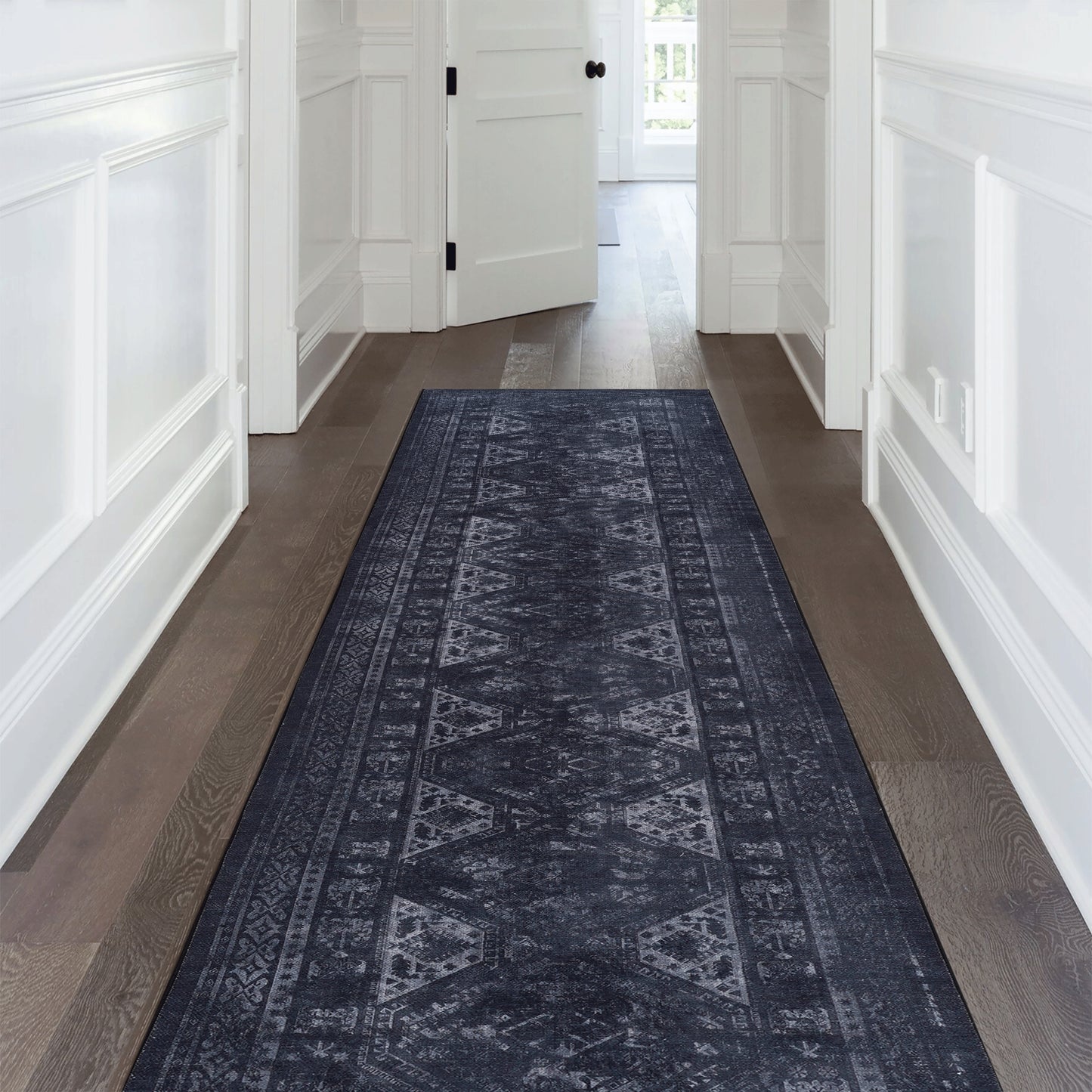 MAVAL Black Washable Rug 2'6'' X 10' Runner Gray,