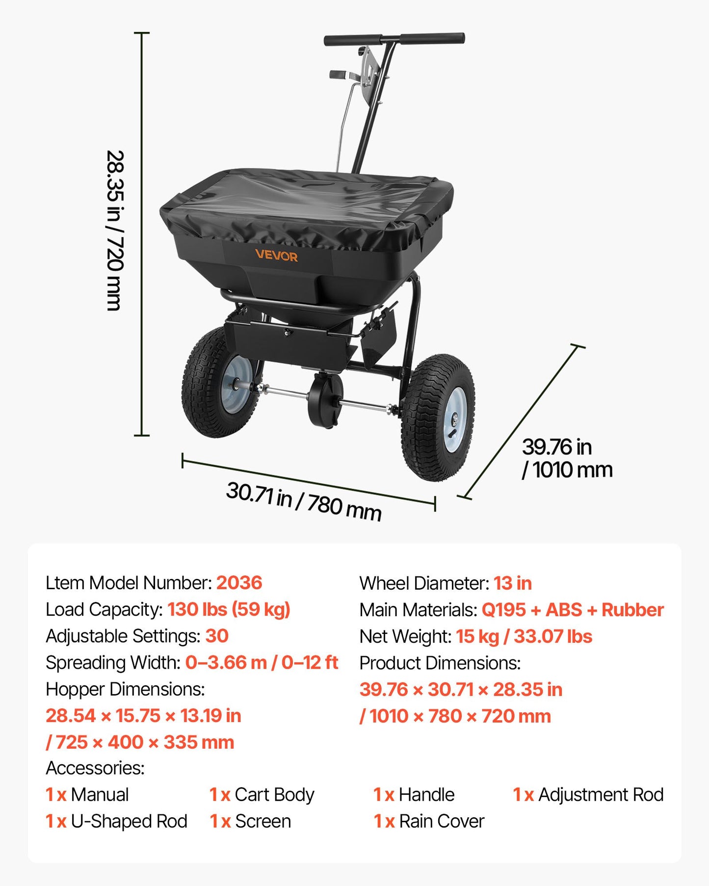 Walk-Behind Lawn Spreader with 12ft Broadcast Width and 130lb Hopper