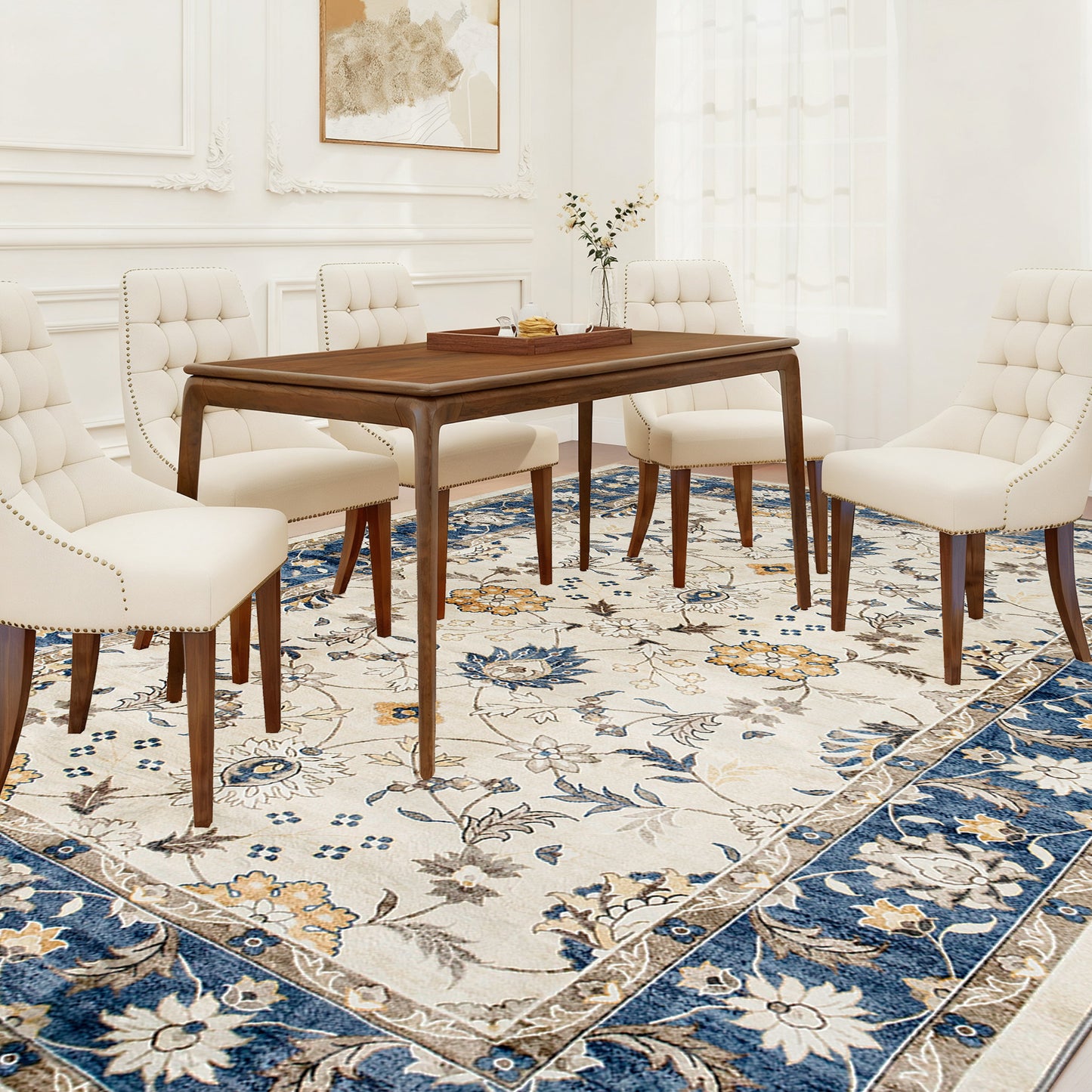 Machine Washable Boho Floral Area Rug 4x6 - Blue