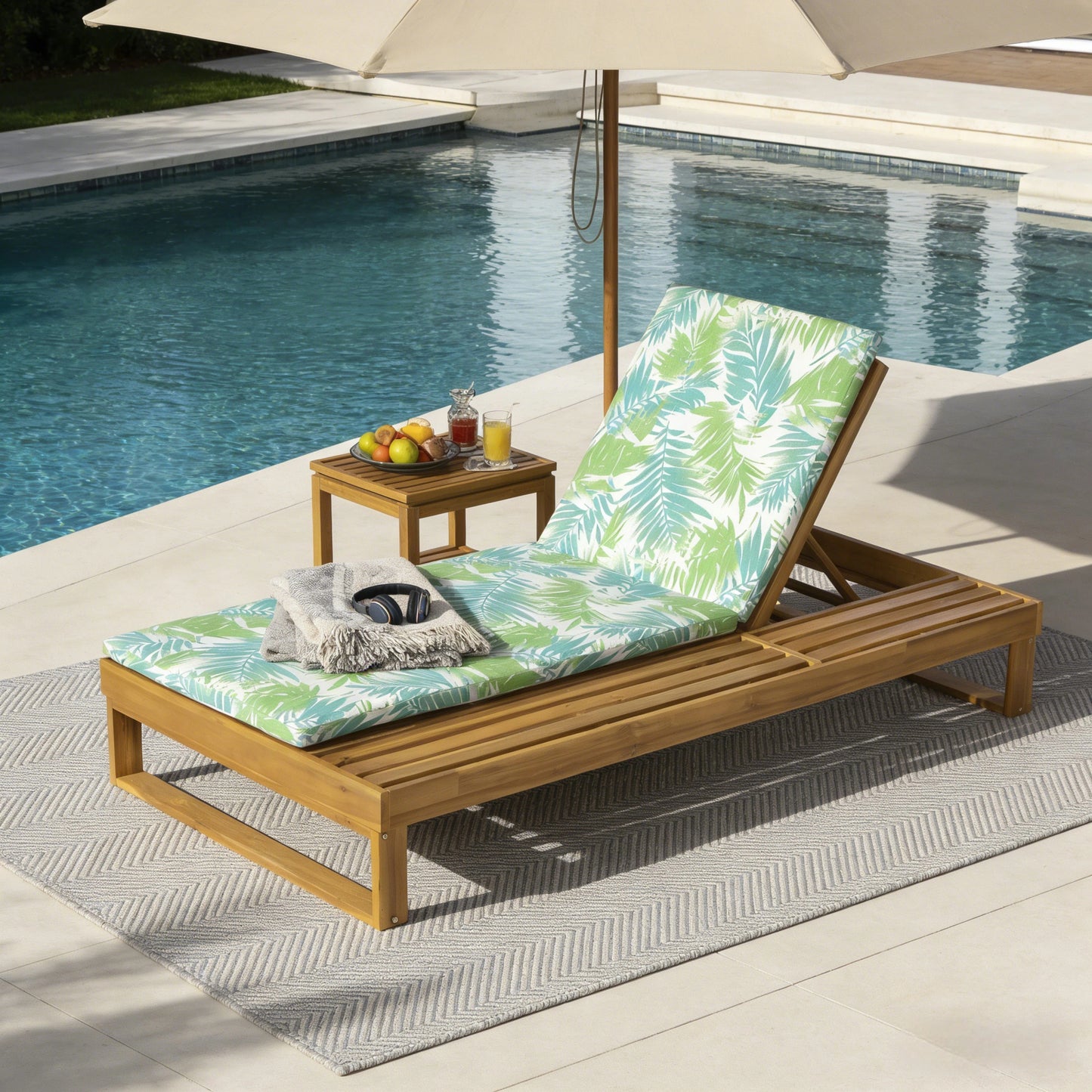 Acacia Wood Chaise Lounge with Adjustable 2-Fold Cushion Set - Green Leaf