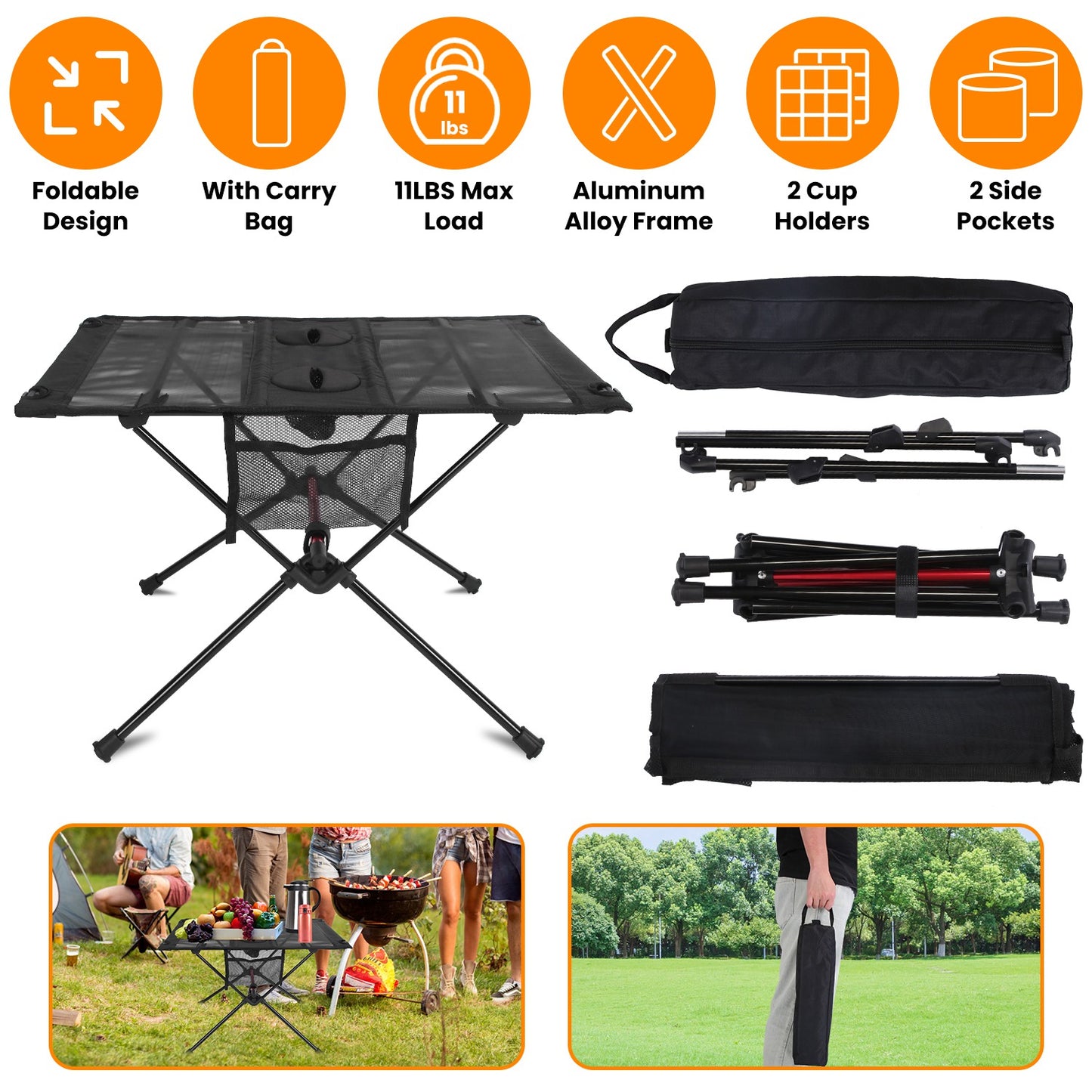 Portable Folding Camping Table with Cup Holders & Storage Bag - Black