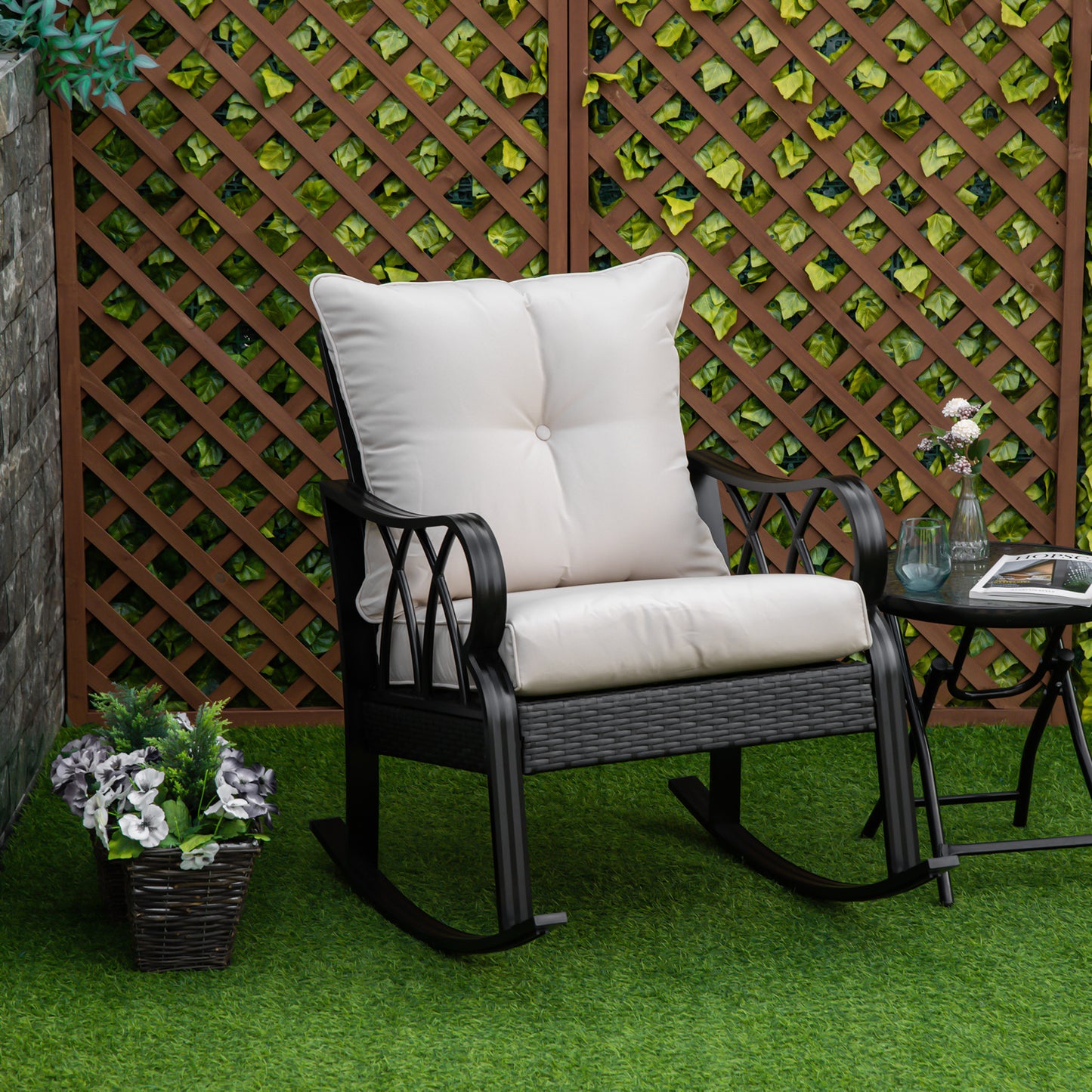 Outdoor Wicker Rocking Chair with Padded Cushions - Khaki