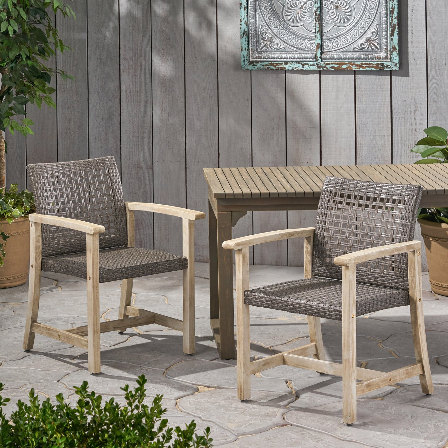 Hampton Wood and Wicker Dining Chair Set of 2 - Black Grey